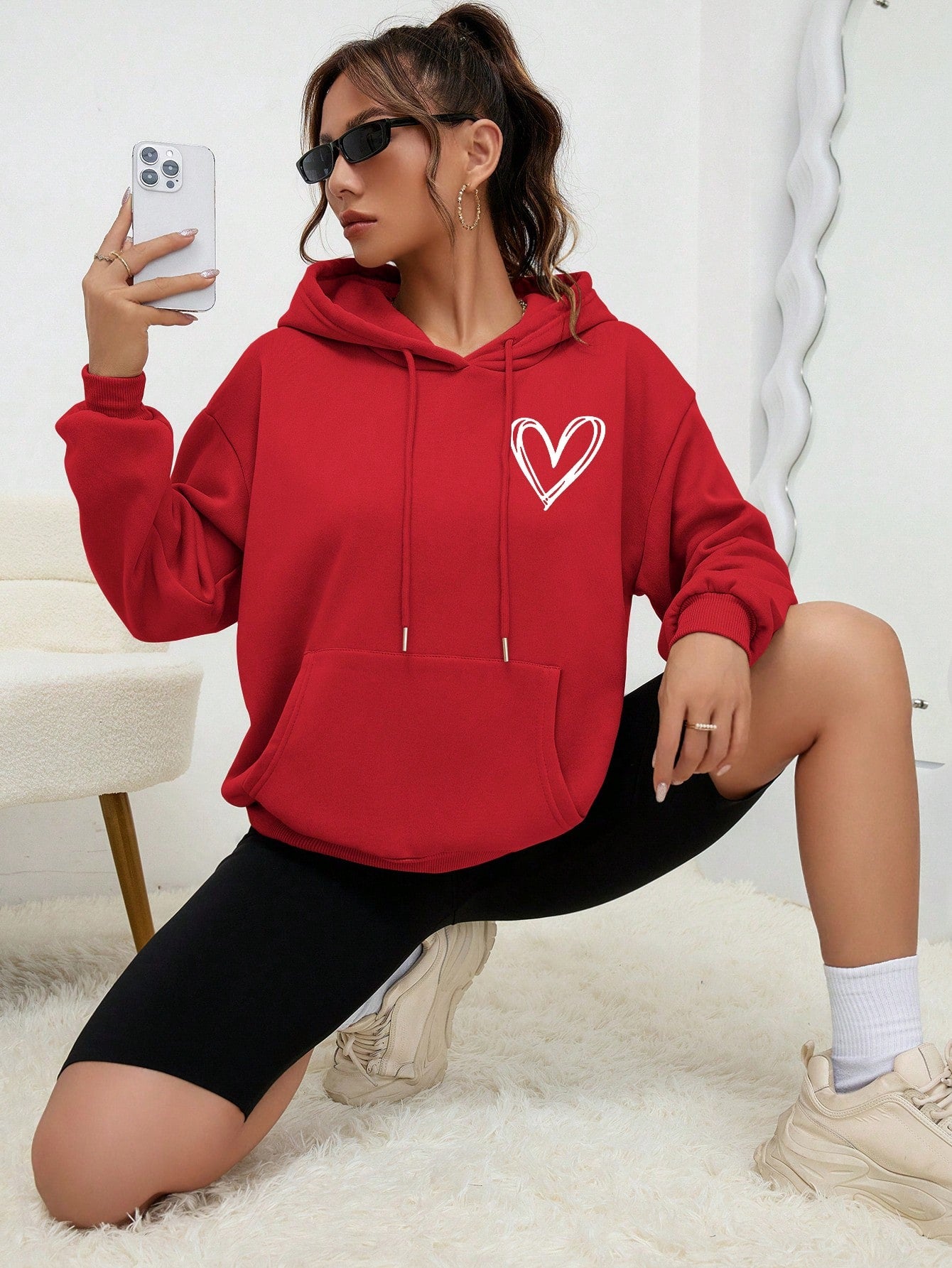 EZwear Heart Print Kangaroo Pocket Drop Shoulder Drawstring Hoodie