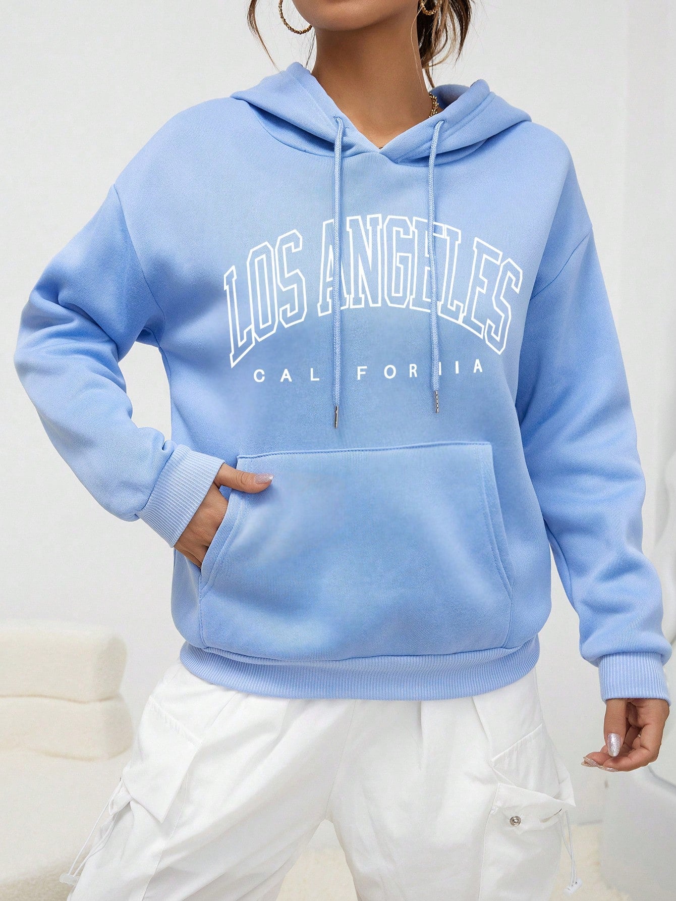 INAWLY Letter Graphic Kangaroo Pocket Drop Shoulder Drawstring Hoodie