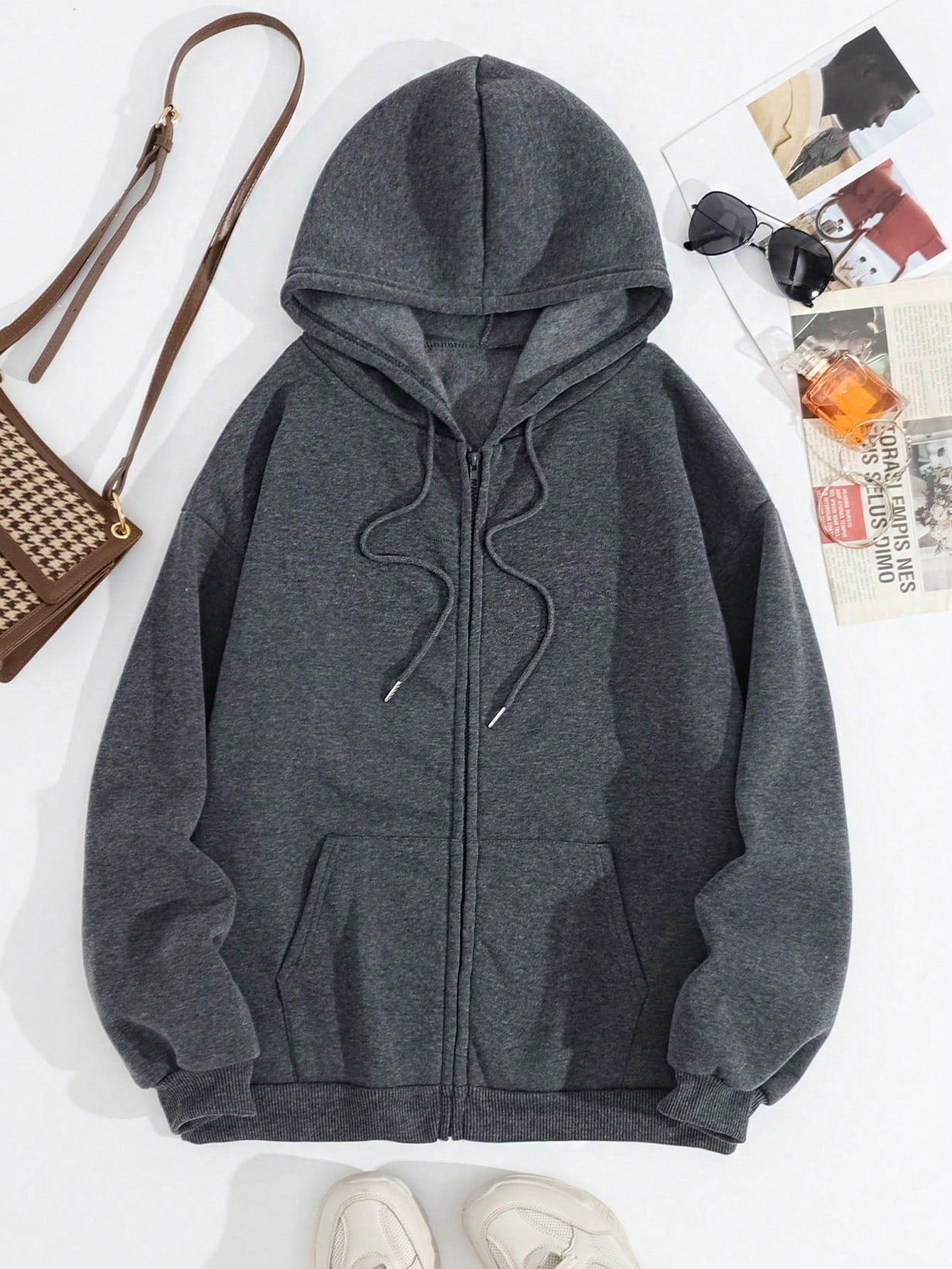 INAWLY Solid Drawstring Pocket Zip Up Thermal Lined Hoodie,Long Sleeve Tops