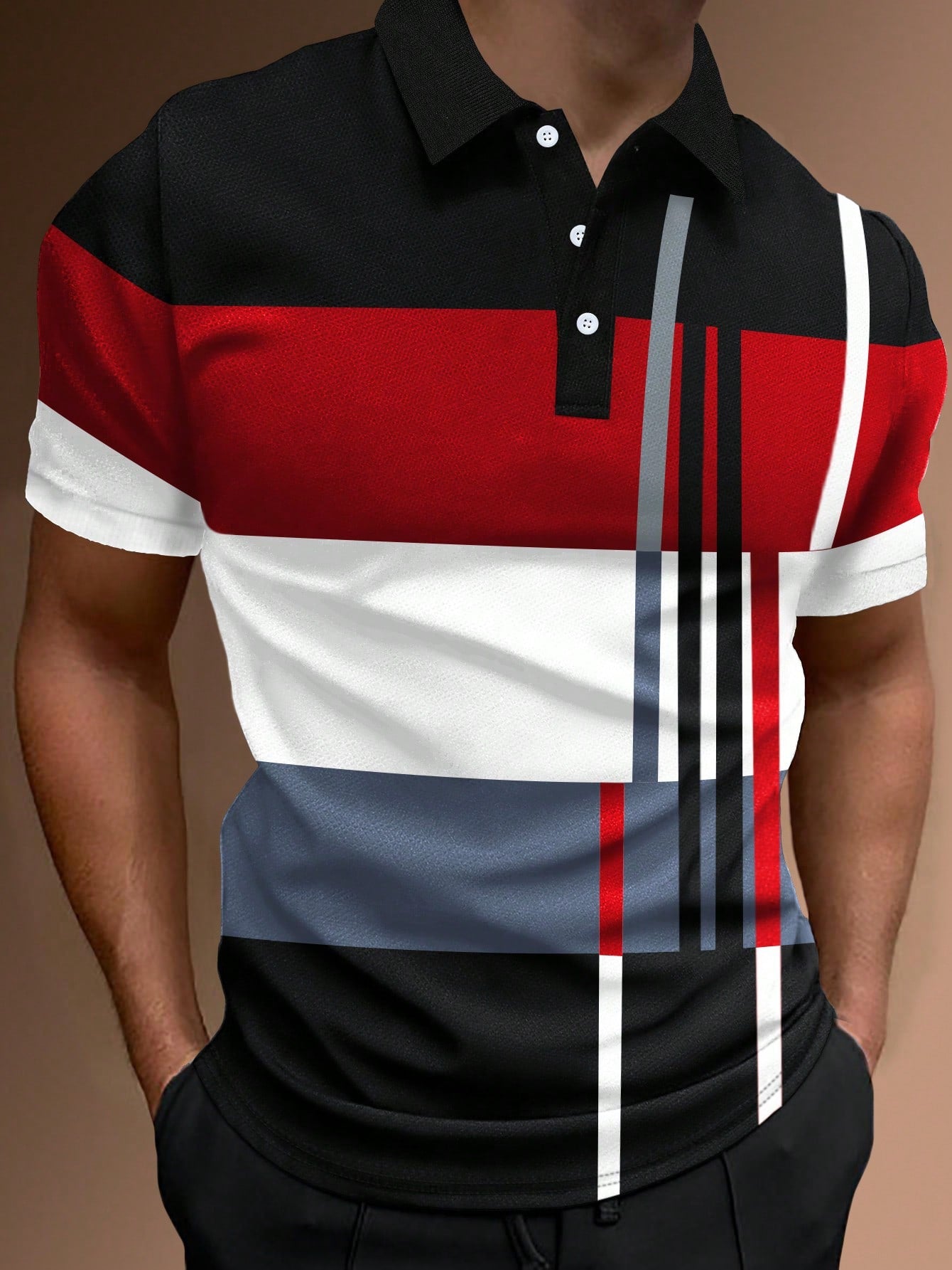 Manfinity Homme Men Work Casual Striped Print Colorblock Button Polo Shirt, Boyfriend Gift