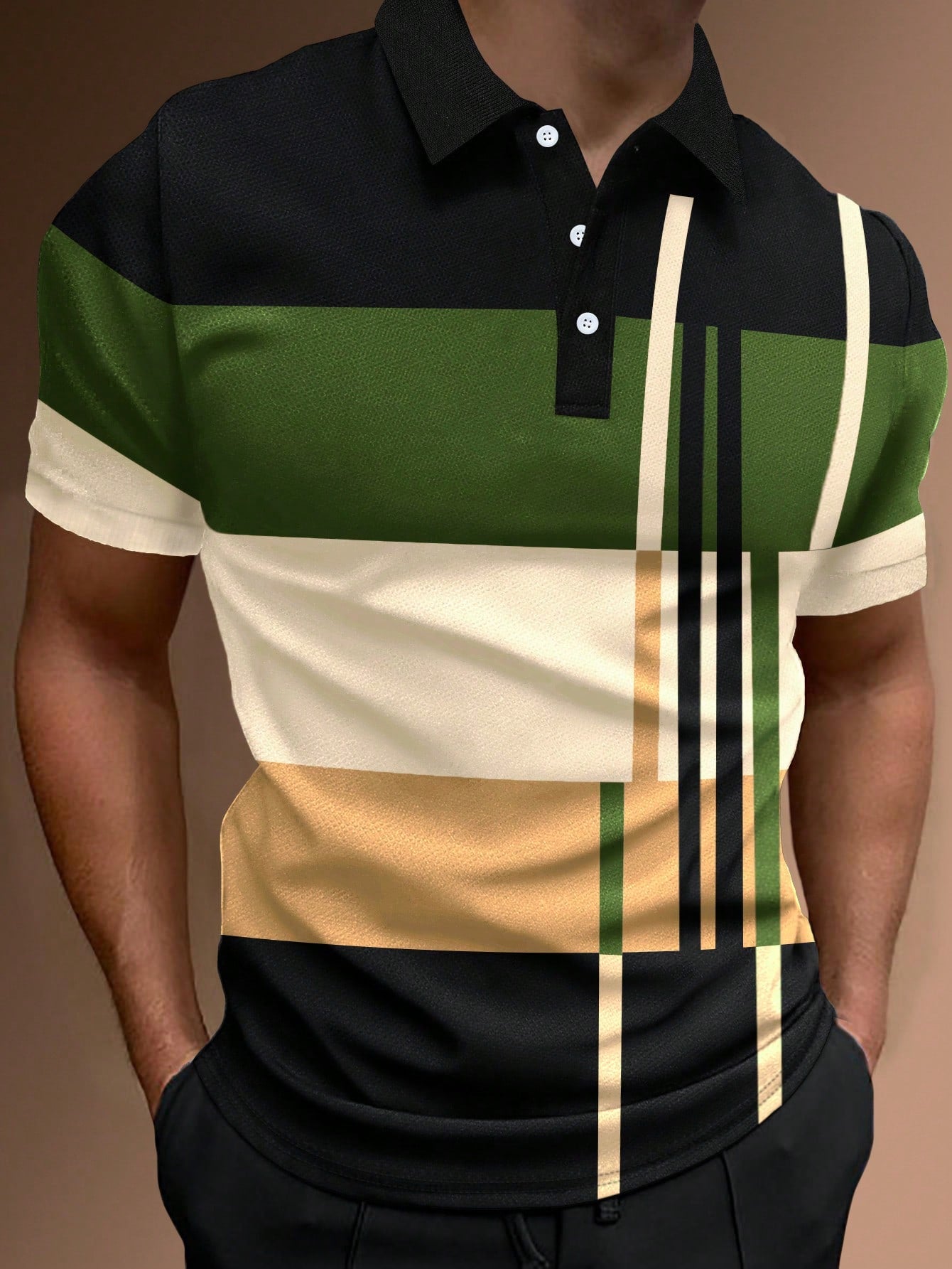 Manfinity Homme Men Work Casual Striped Print Colorblock Button Polo Shirt, Boyfriend Gift