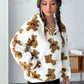 EZwear Bear Pattern Kangaroo Pocket Drop Shoulder Hooded Teddy Double-Faced Velvet Sweatshirt