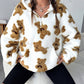 EZwear Bear Pattern Kangaroo Pocket Drop Shoulder Hooded Teddy Double-Faced Velvet Sweatshirt