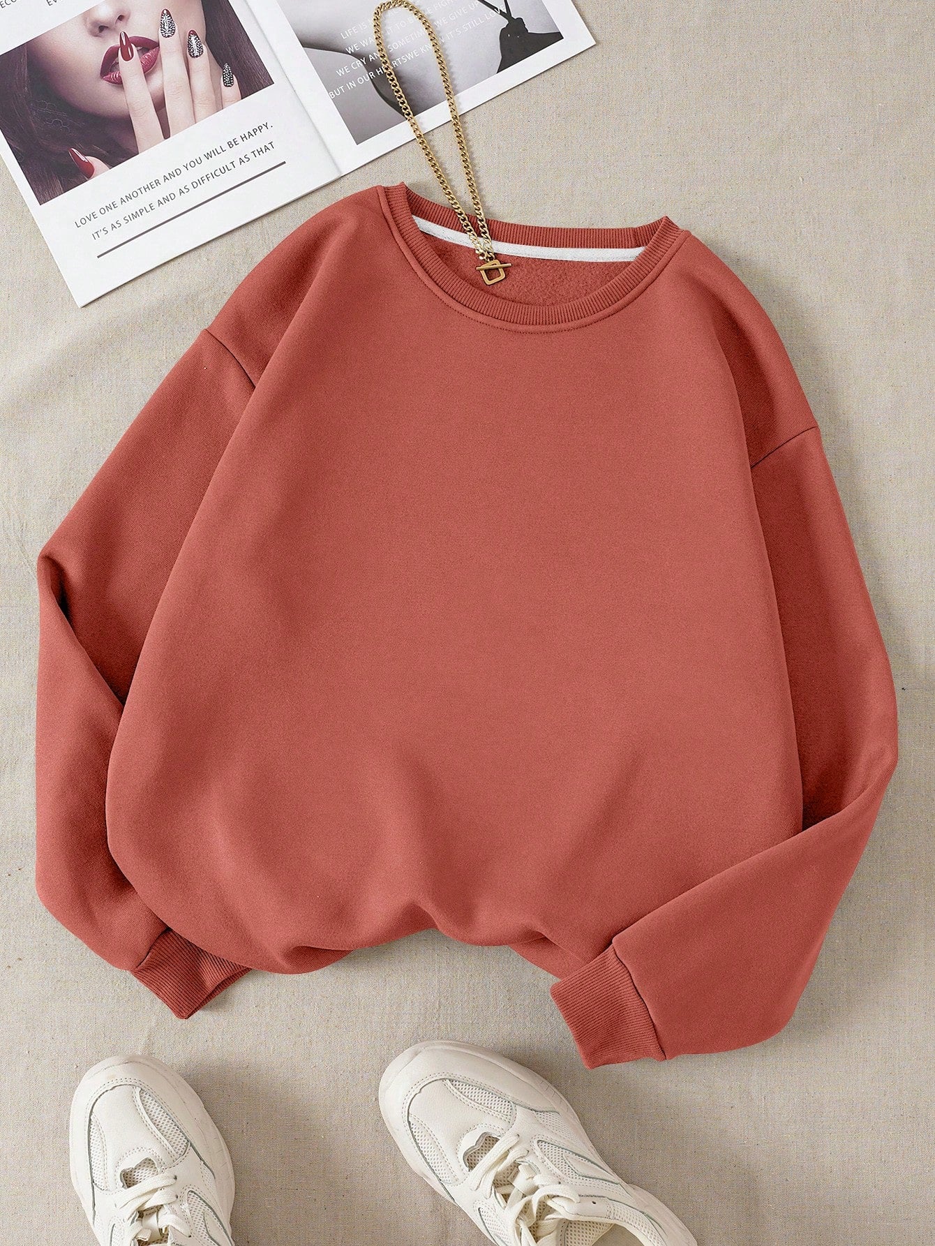 INAWLY Solid Round Neck Thermal Lined Sweatshirt,Long Sleeve Tops