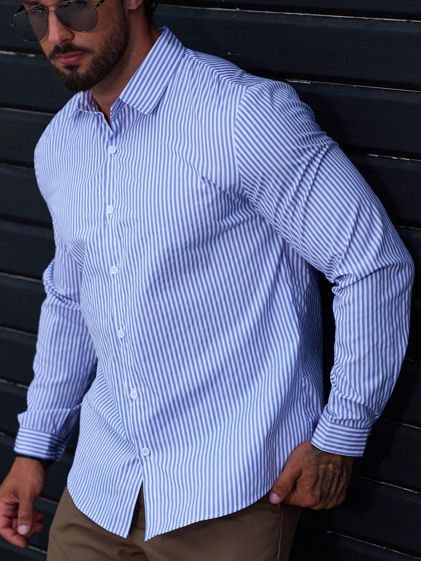 Manfinity Mode Men Striped Print Shirt Slim Fit Long Sleeve Button Up Collar Business Shirt