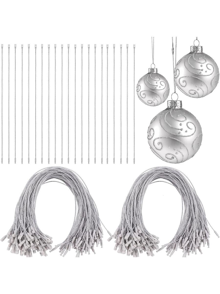 100Pcs Christmas Ornament Hooks Sliver String Hanger With Snap Locking Metallic Color String For Christmas Valentine's Day Party Hanging Ropes