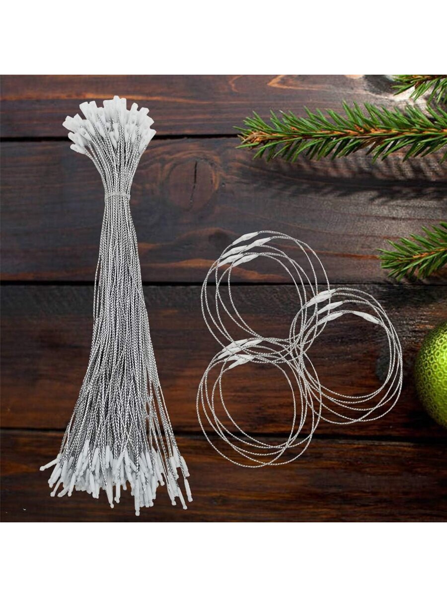 100Pcs Christmas Ornament Hooks Sliver String Hanger With Snap Locking Metallic Color String For Christmas Valentine's Day Party Hanging Ropes