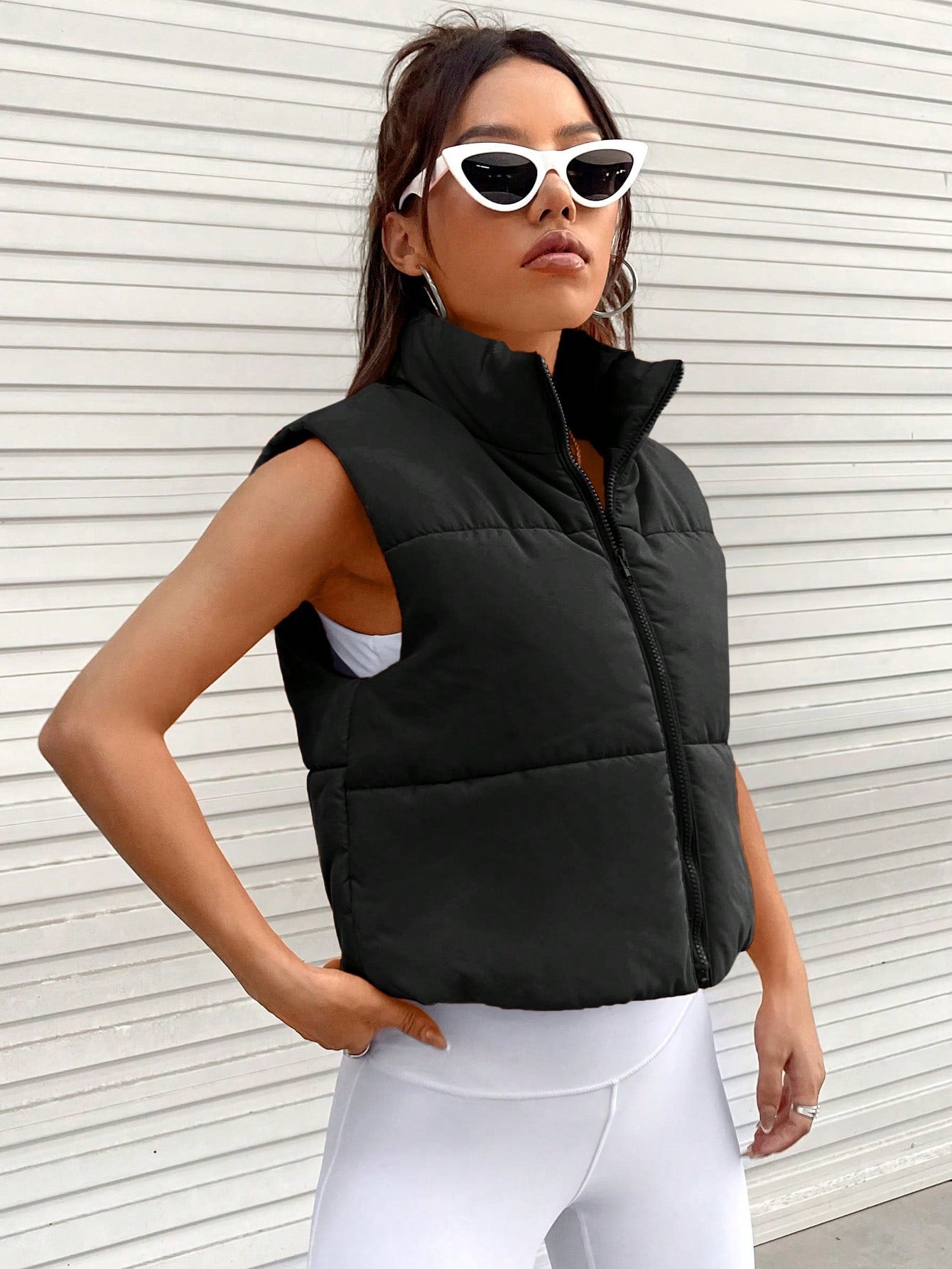 EZwear Zip Up Sleeveless Puffer Vest Coat,Ladies Late Fall Casual Zipper Funnel Neck Regular Fit Black Plain Women Winter Coats,Winter Warmth/ Winter Fashion