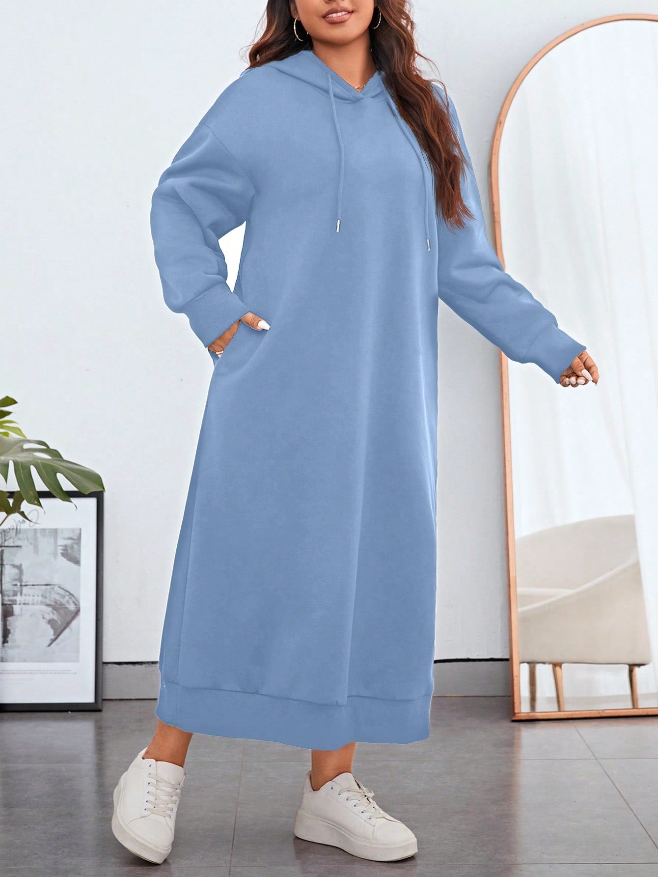 Essnce Plus Size Women Drop Shoulder Solid Color Long Sleeve Kangaroo Pocket Drawstring Hooded Long Casual Sweatshirt Dress, Autumn