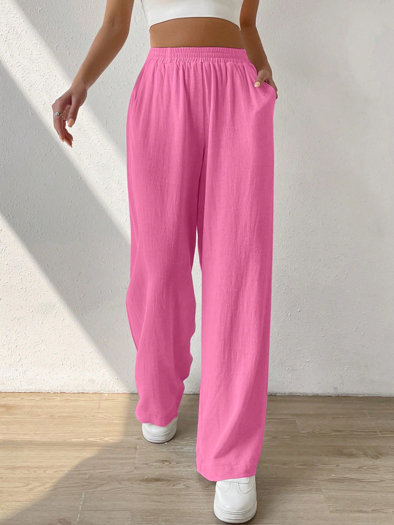 EZwear Solid Slant Pocket Wide Leg Pants