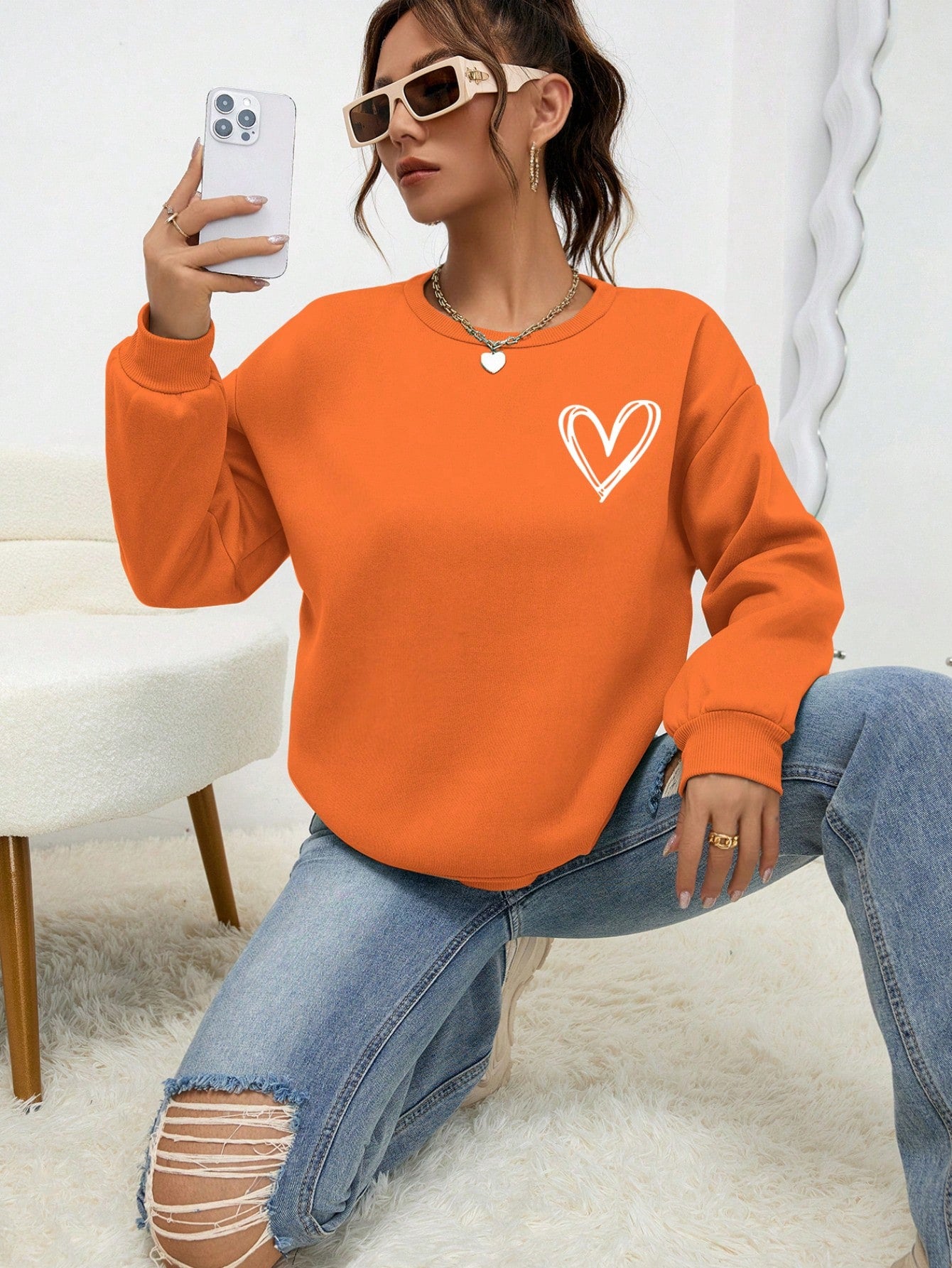 INAWLY Heart Print Drop Shoulder Sweatshirt,Long Sleeve Tops