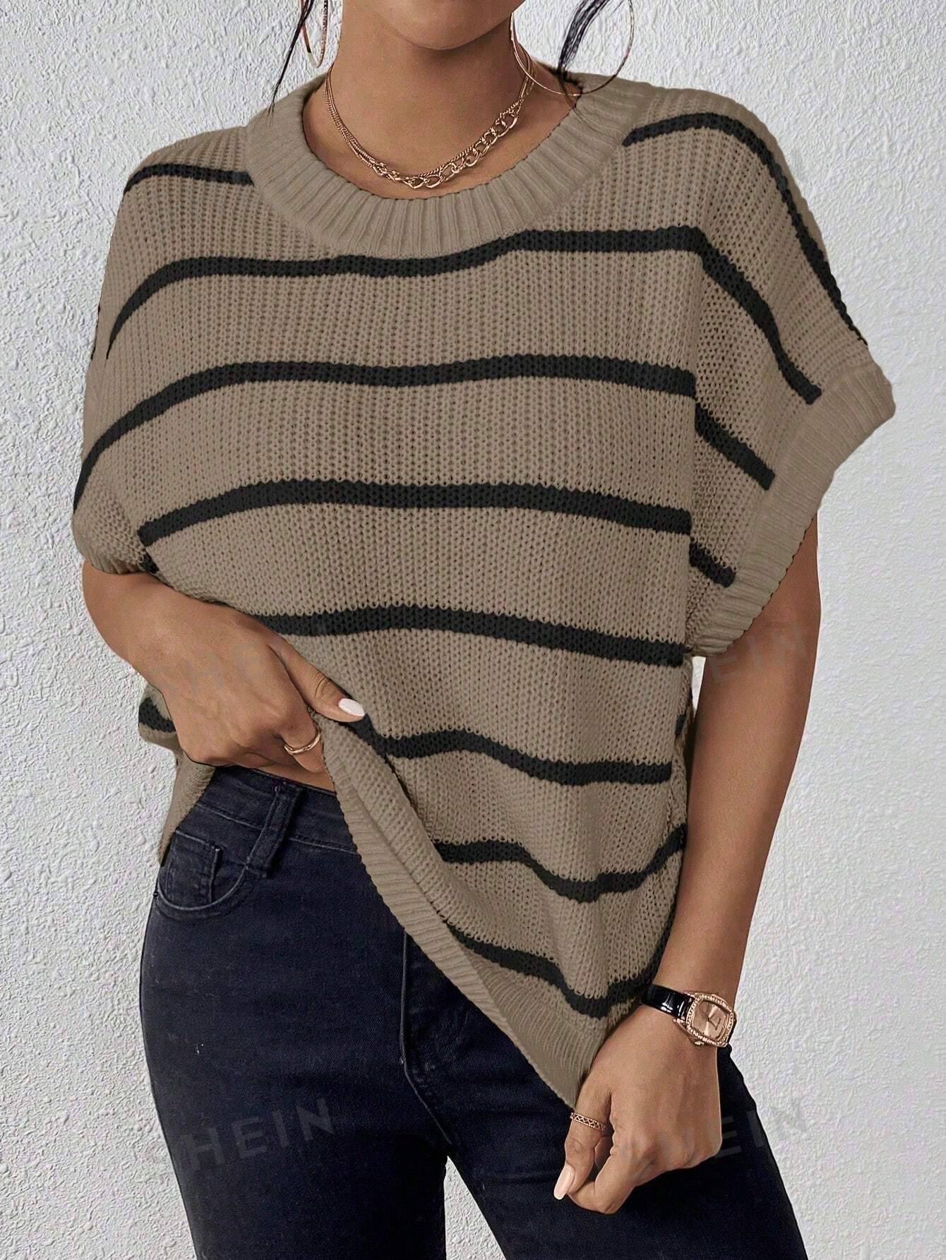 Essnce Striped Pattern Batwing Sleeve Knit Top