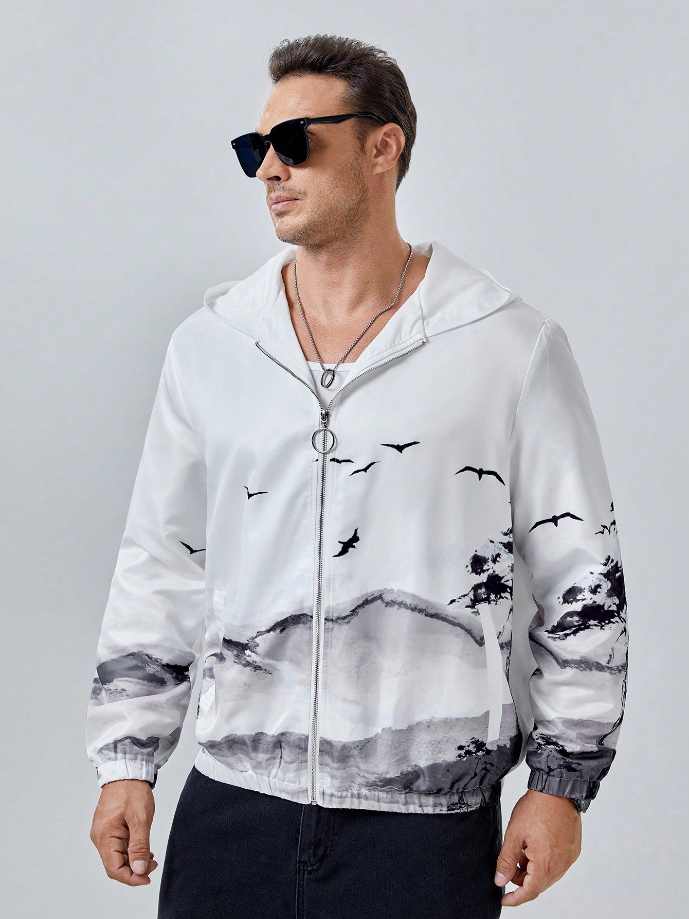 Manfinity ModaGents Oversized Men's Plus Size Bird Print Zip Up Jacket