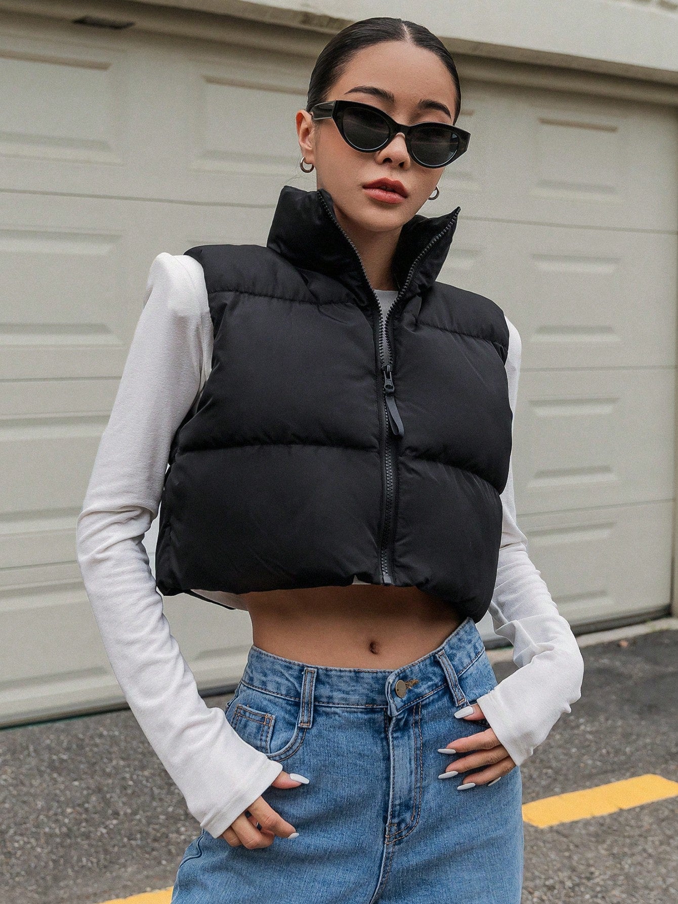 DAZY Zip Up Crop Vest Puffer Thick Coat, Winter Women Clothes, Padded Coat Women