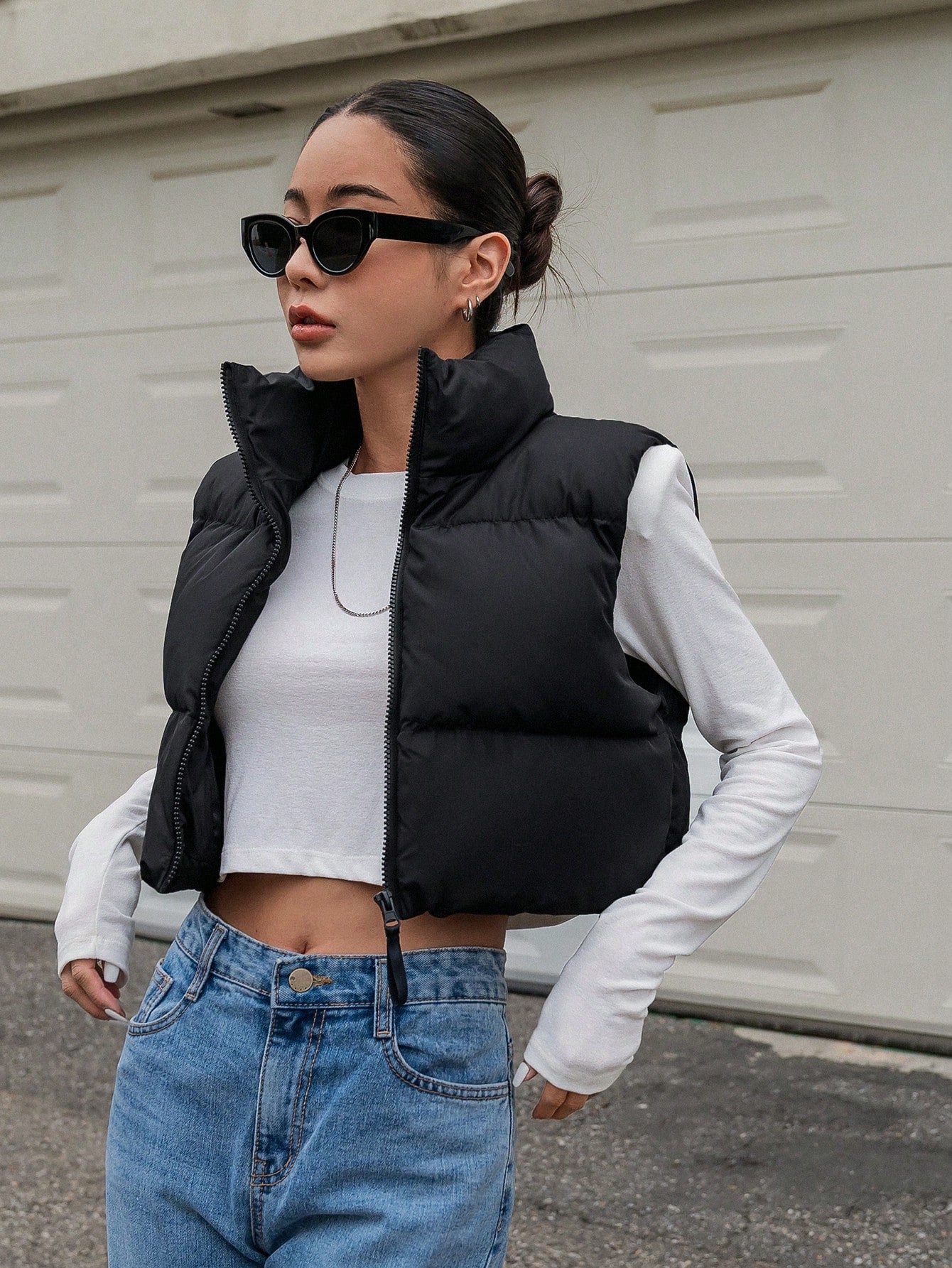 DAZY Zip Up Crop Vest Puffer Thick Coat, Winter Women Clothes, Padded Coat Women