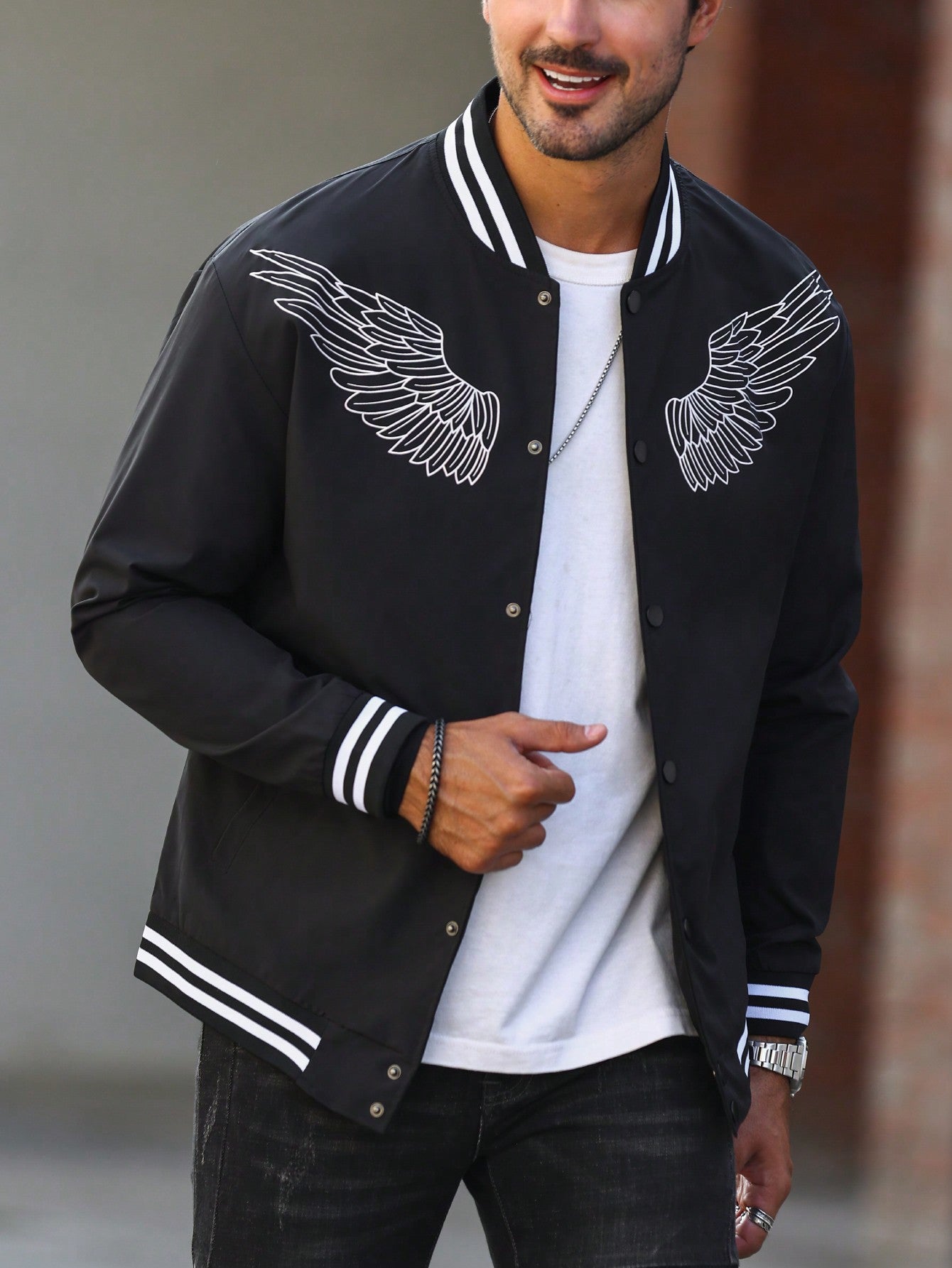 Manfinity Homme Men Wings Print Striped Trim Varsity Jacket