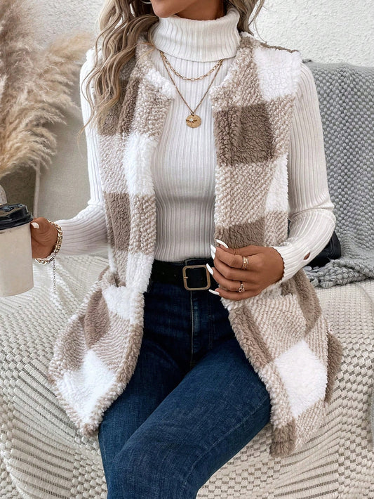 LUNE Buffalo Plaid Print Open Front Teddy Vest Coat