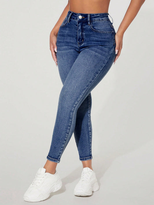 PETITE High-Waisted Button-Embellished Skinny Stretch Distressed Y2K Jeans Fleece-Lined Skinny Jeans With Pockets, Autumn