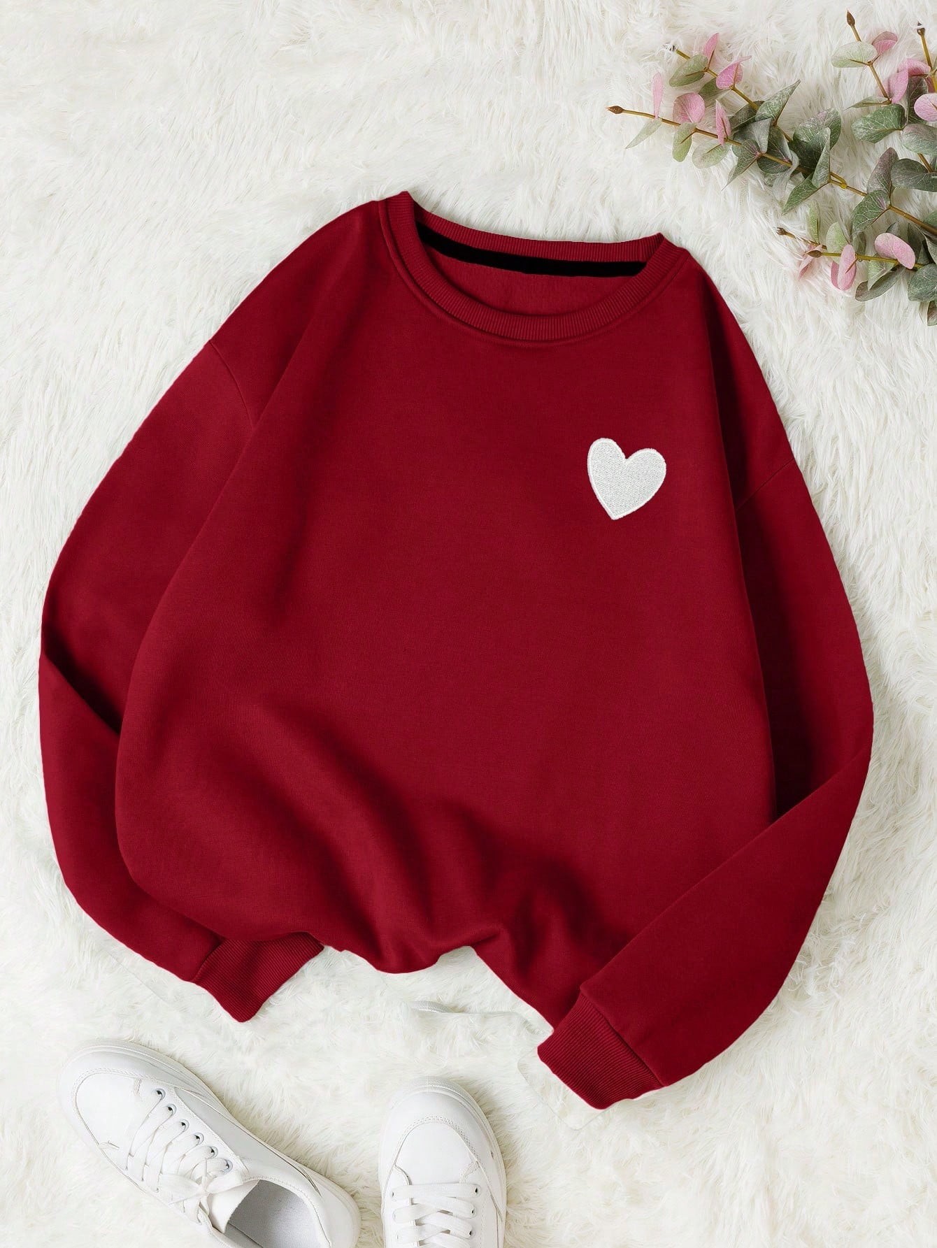 EZwear Heart Print Thermal Lined Sweatshirt,Long Sleeve Tops