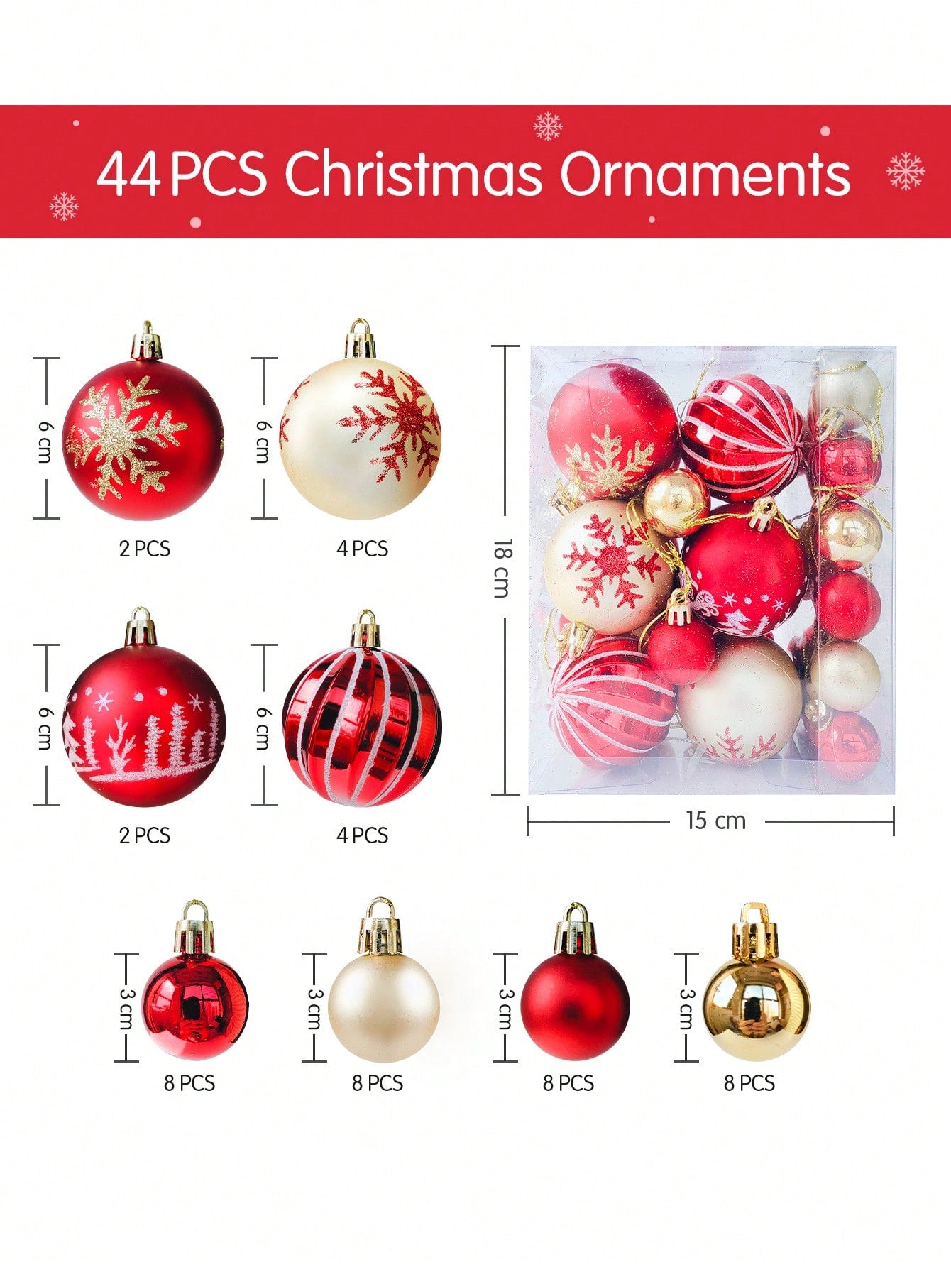 44pcs Christmas Ornament Set, Red And Golden Creative Painted Christmas Ball Party Christmas Tree Hanging Ball Pendant, Christmas Tree Decoration, Suitable For Holiday Parties, Wreaths, Christmas Tree, Halloween, Halloween Decoration