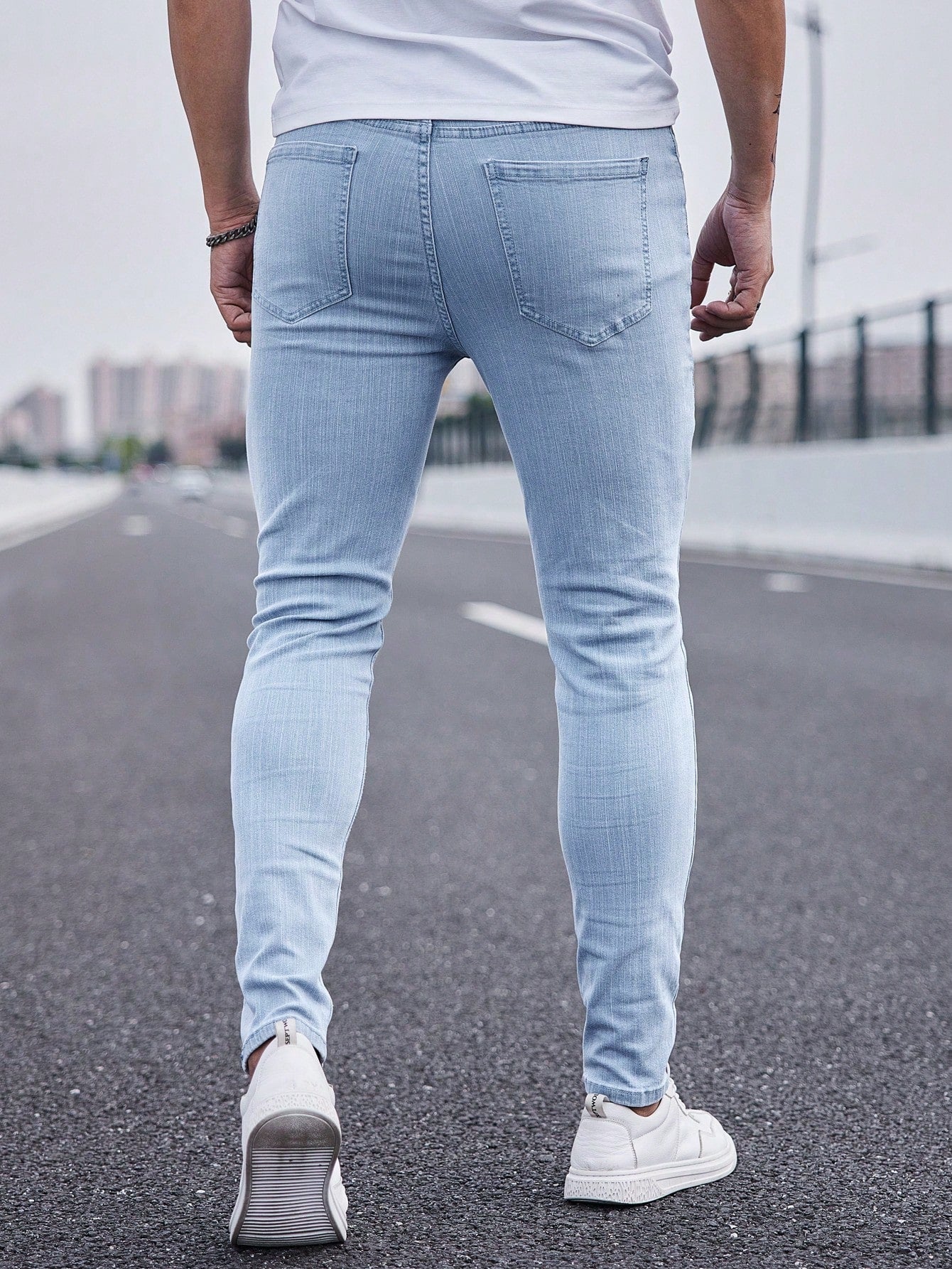 Manfinity Homme Men Light Wash Ripped Skinny Jeans Slim Fit Long Frayed Jean Cargo Plain Blue Office Basic Husband