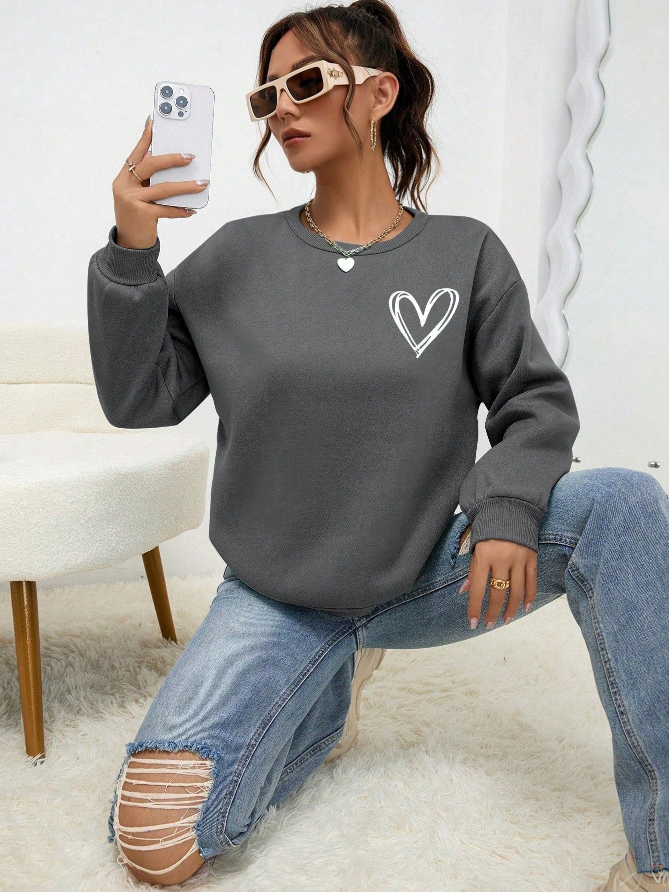 INAWLY Heart Print Drop Shoulder Sweatshirt,Long Sleeve Tops