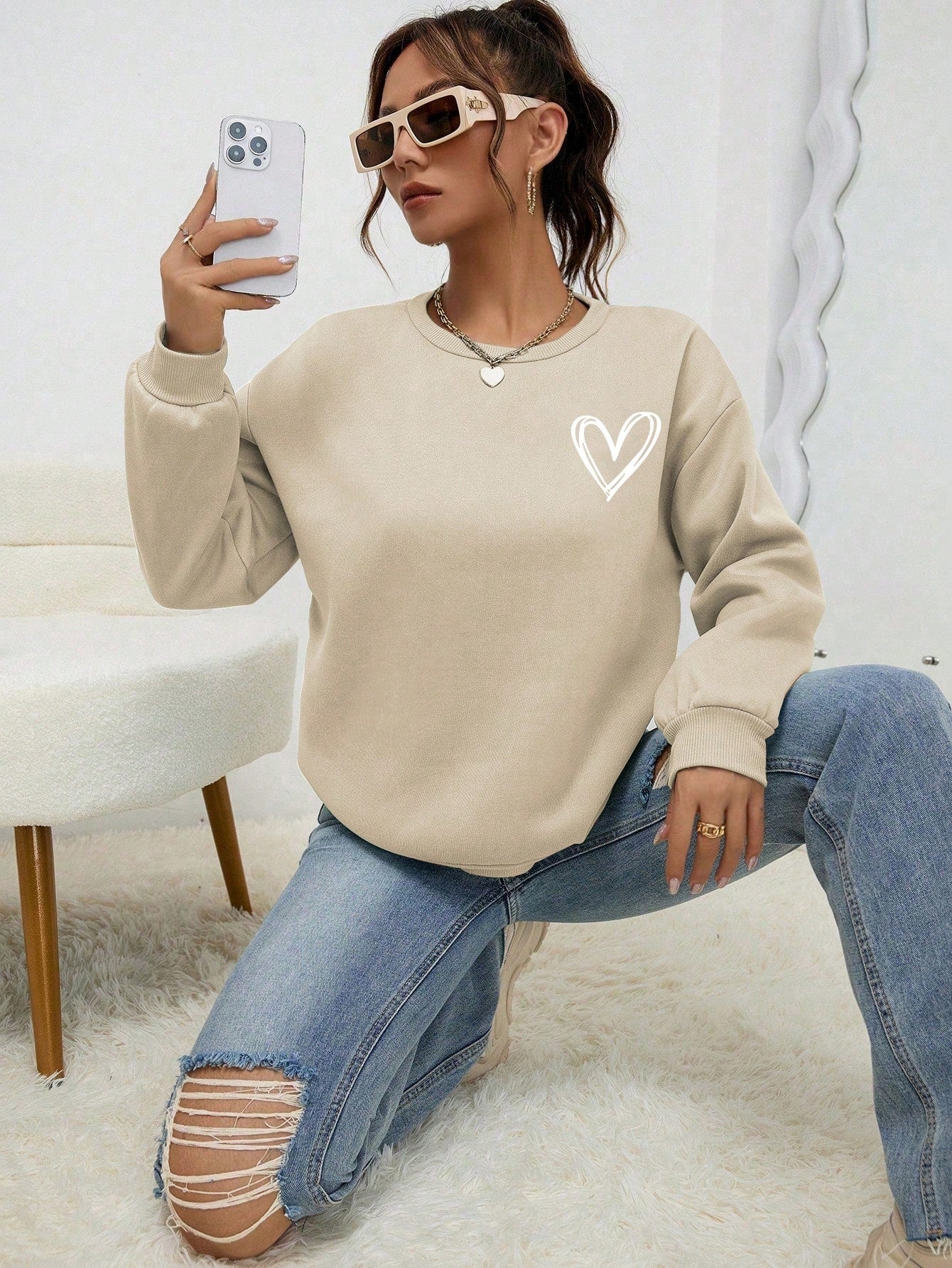 INAWLY Heart Print Drop Shoulder Sweatshirt,Long Sleeve Tops