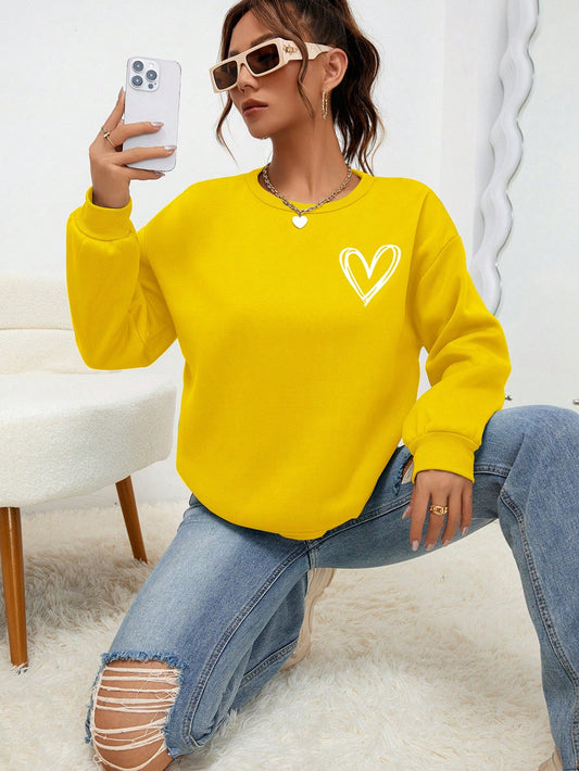 INAWLY Heart Print Drop Shoulder Sweatshirt,Long Sleeve Tops