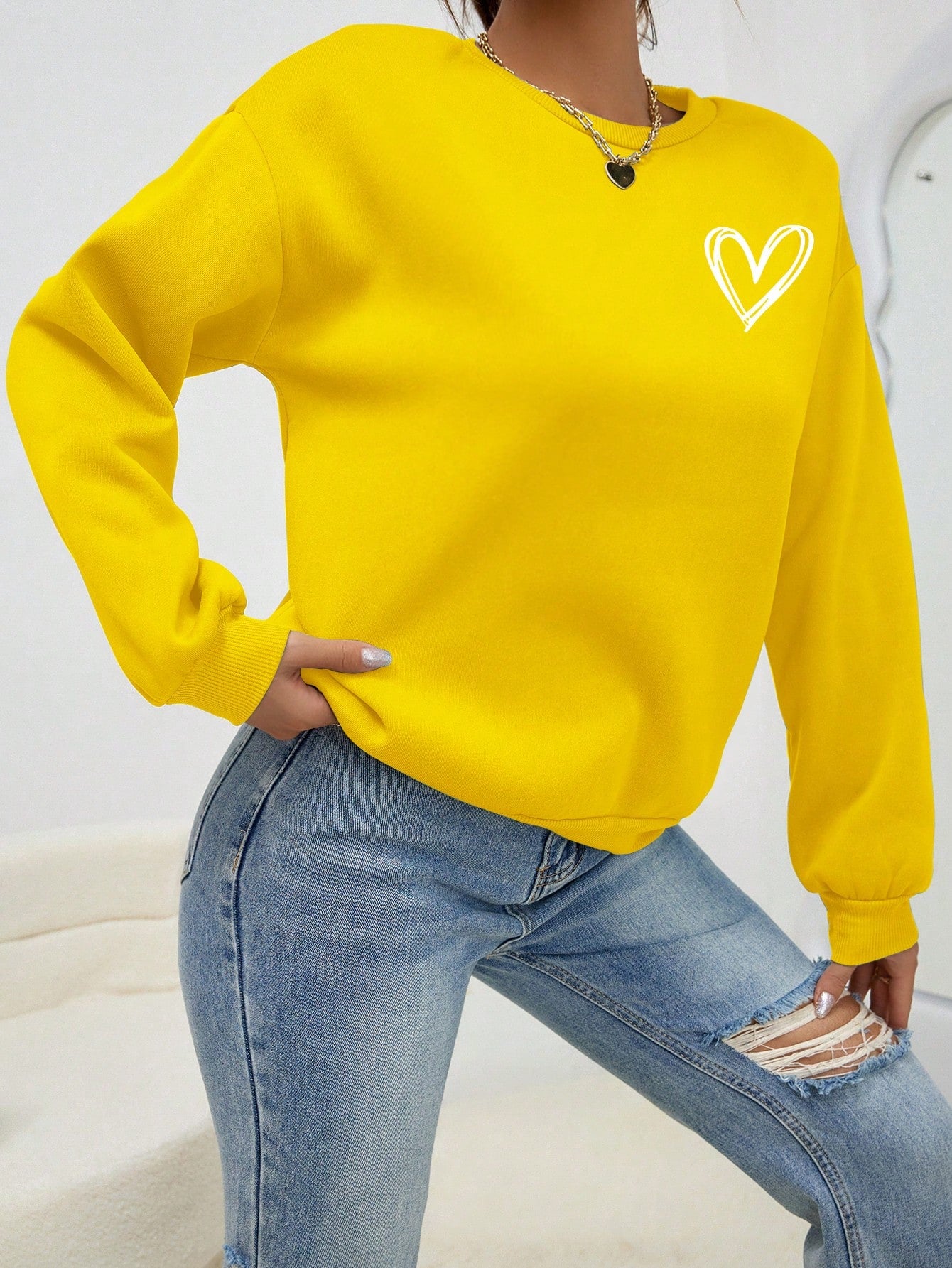 INAWLY Heart Print Drop Shoulder Sweatshirt,Long Sleeve Tops