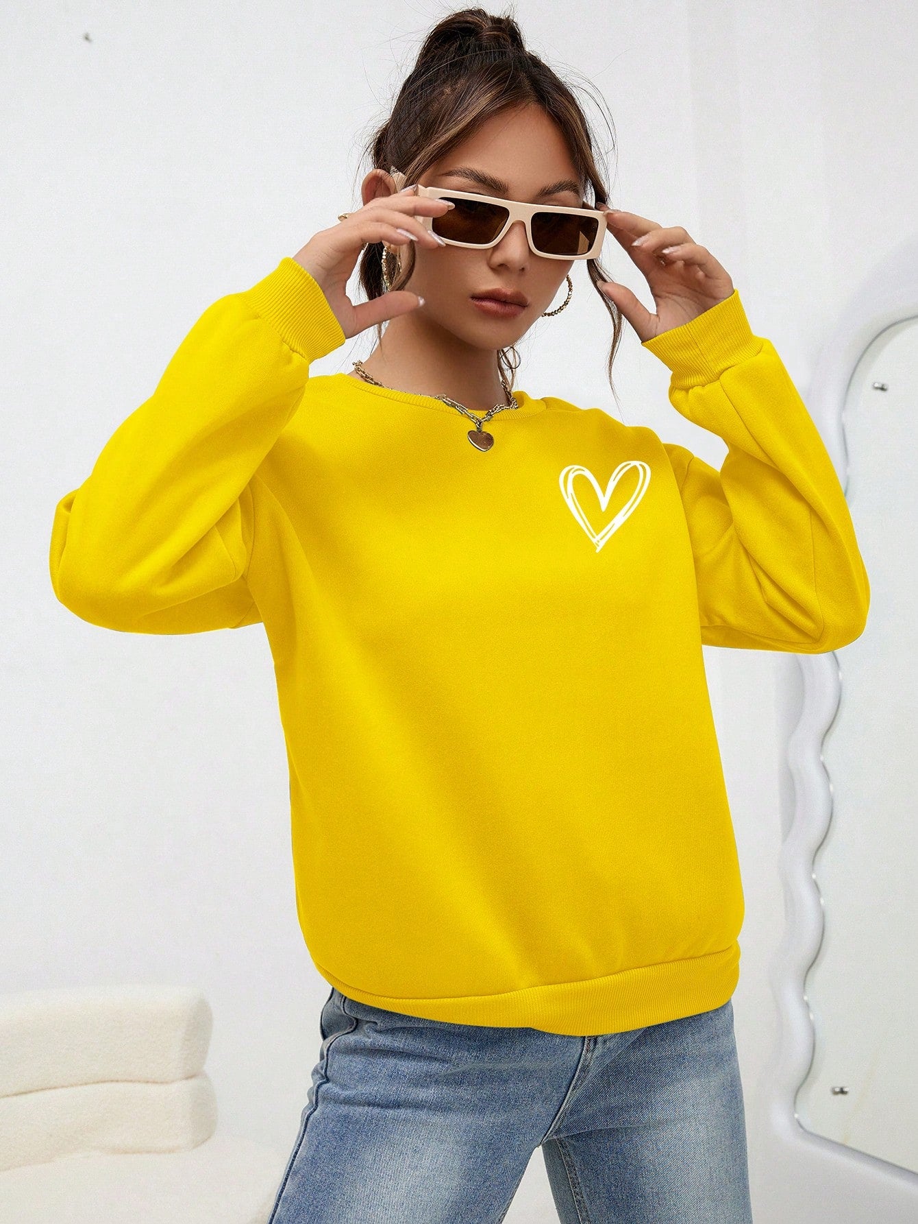 INAWLY Heart Print Drop Shoulder Sweatshirt,Long Sleeve Tops