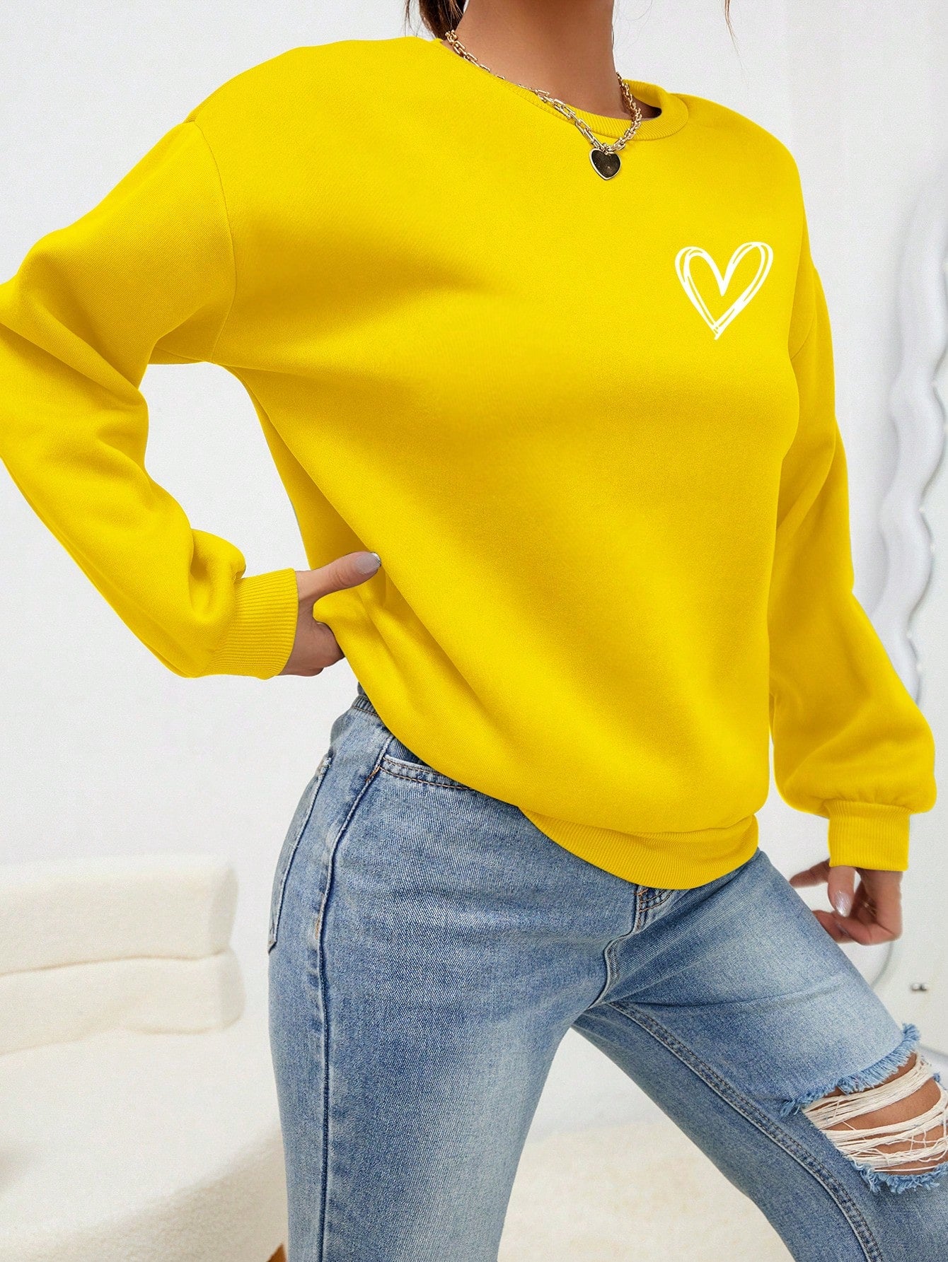 INAWLY Heart Print Drop Shoulder Sweatshirt,Long Sleeve Tops