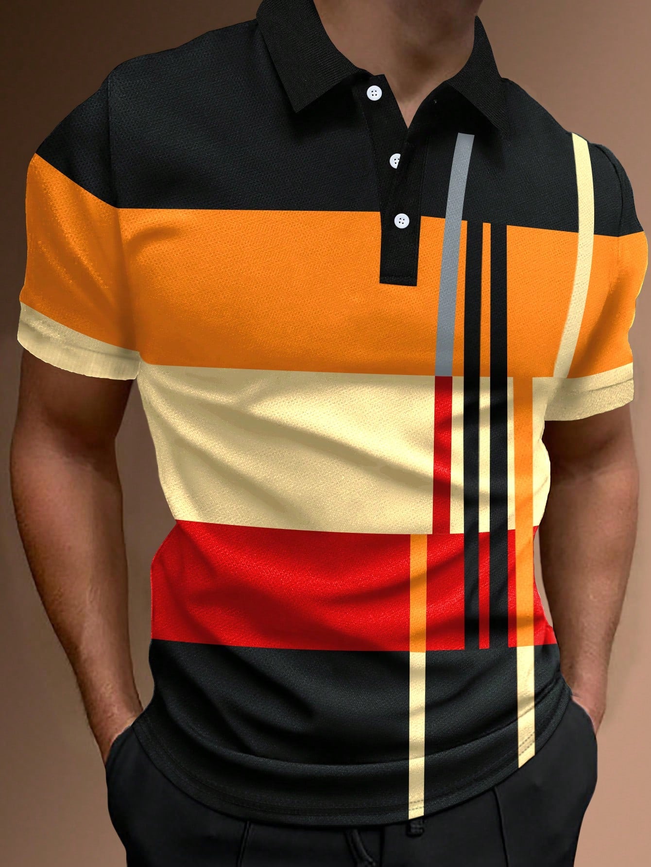 Manfinity Homme Men Work Casual Striped Print Colorblock Button Polo Shirt, Boyfriend Gift