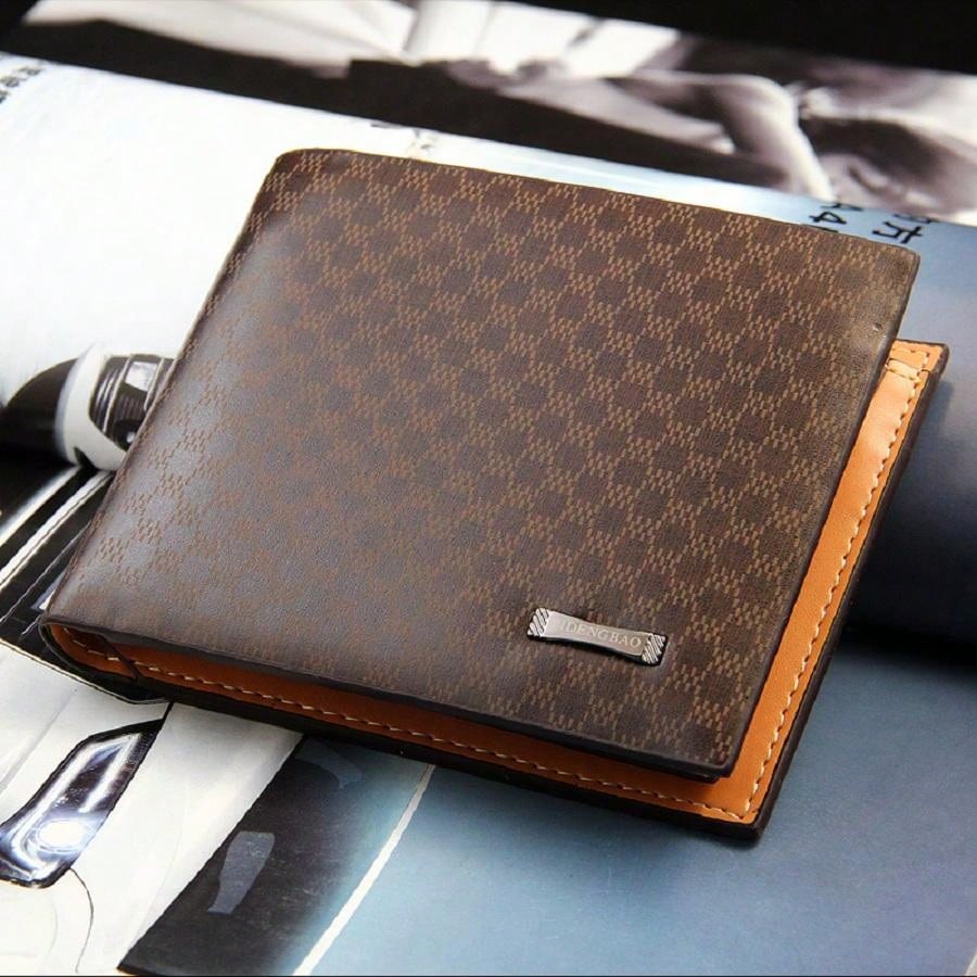 Sold As Single Item, Coffee Brown Men's Vintage Pu Leather Short Wallet With Sim Card Slot, Checkered Pattern Pu Leather Large Capacity Cardholder, Coin Purse, Bank Card Holder, Credit Card Holder