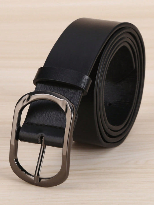 1pc Men's Large Size Black Pu Leather Belt With Oval Buckle, Suitable For Daily Wear Casual