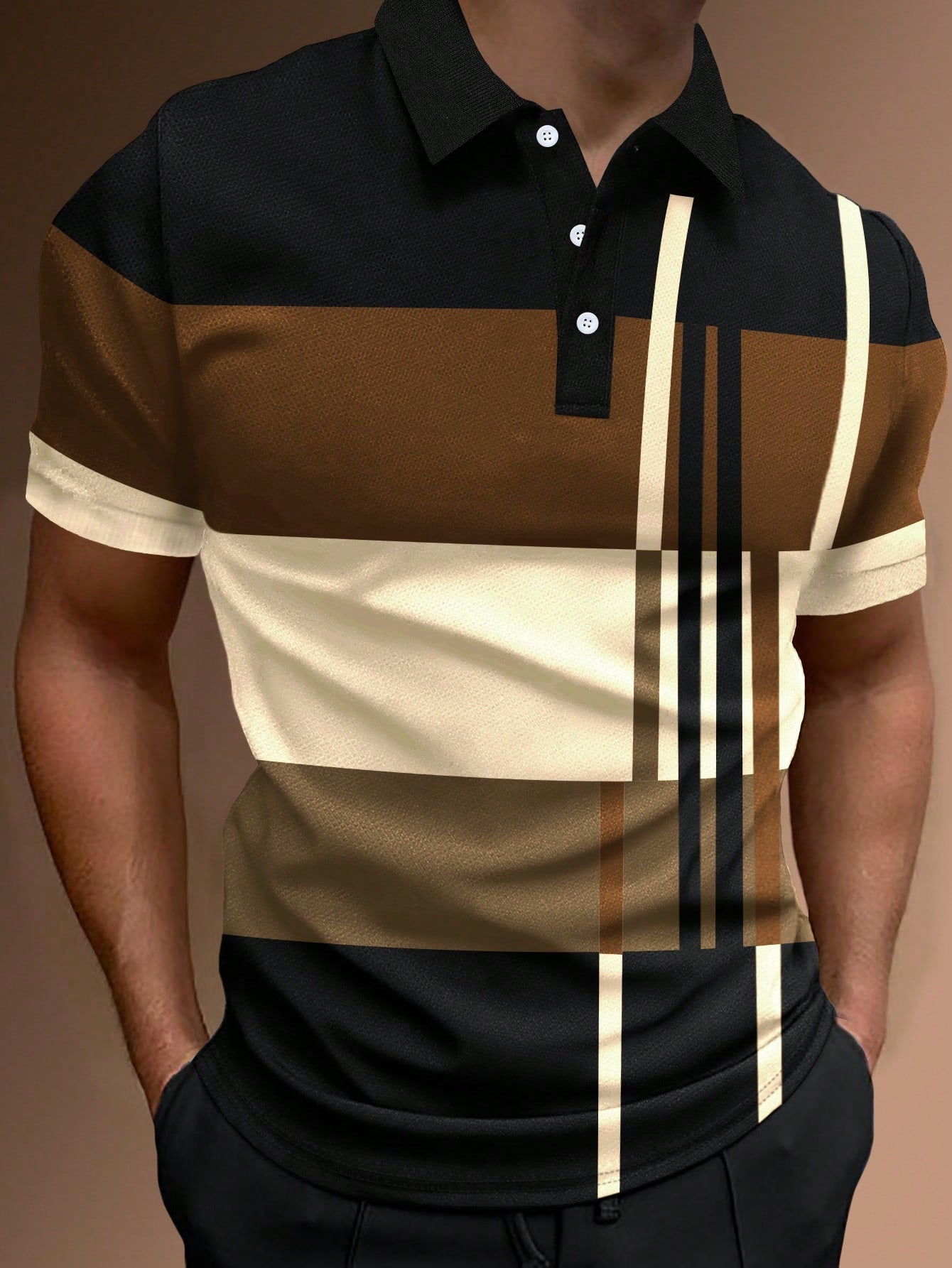 Manfinity Homme Men Work Casual Striped Print Colorblock Button Polo Shirt, Boyfriend Gift