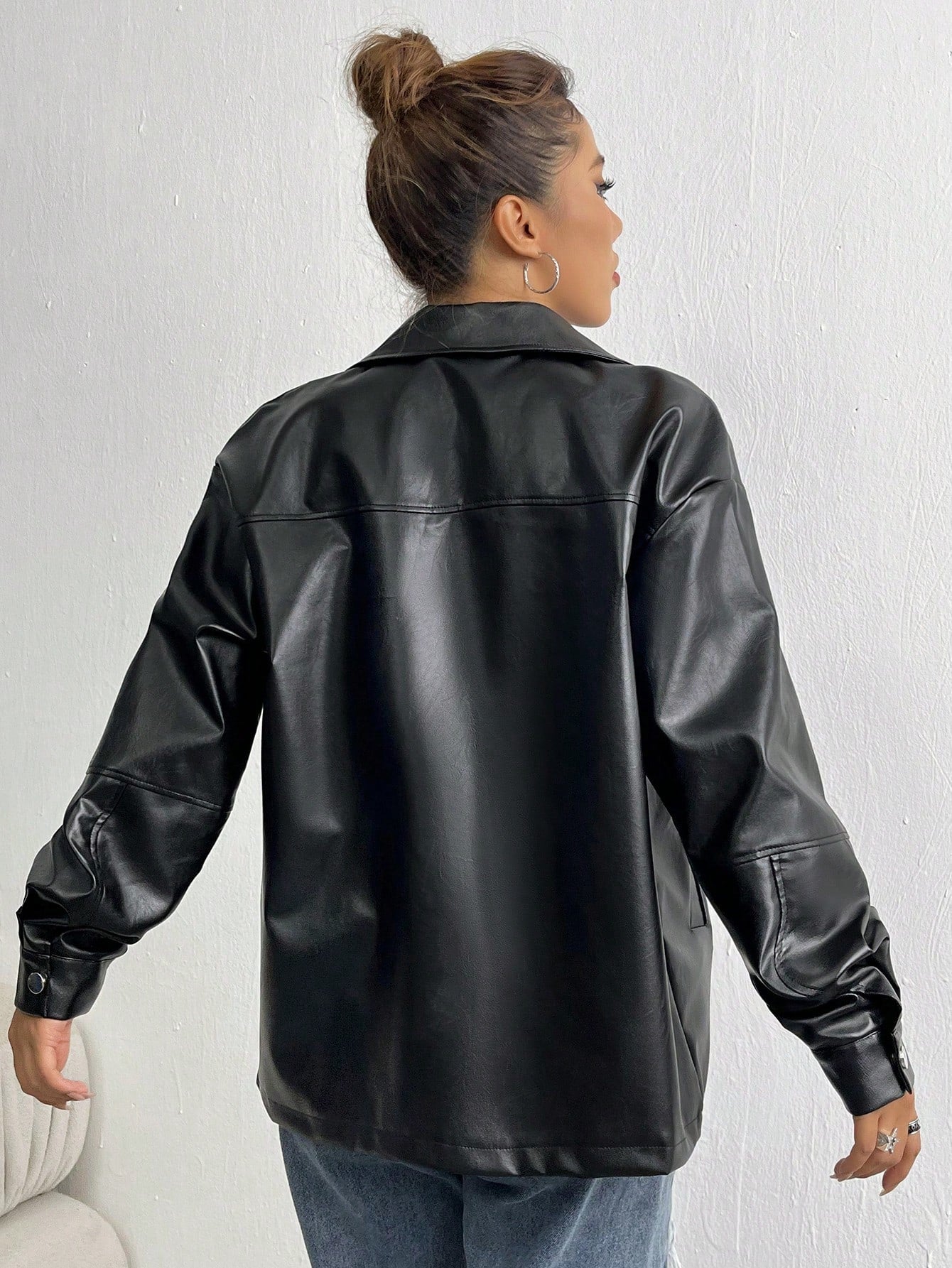 MOOSTA Drop Shoulder Zip Up PU Leather Coat