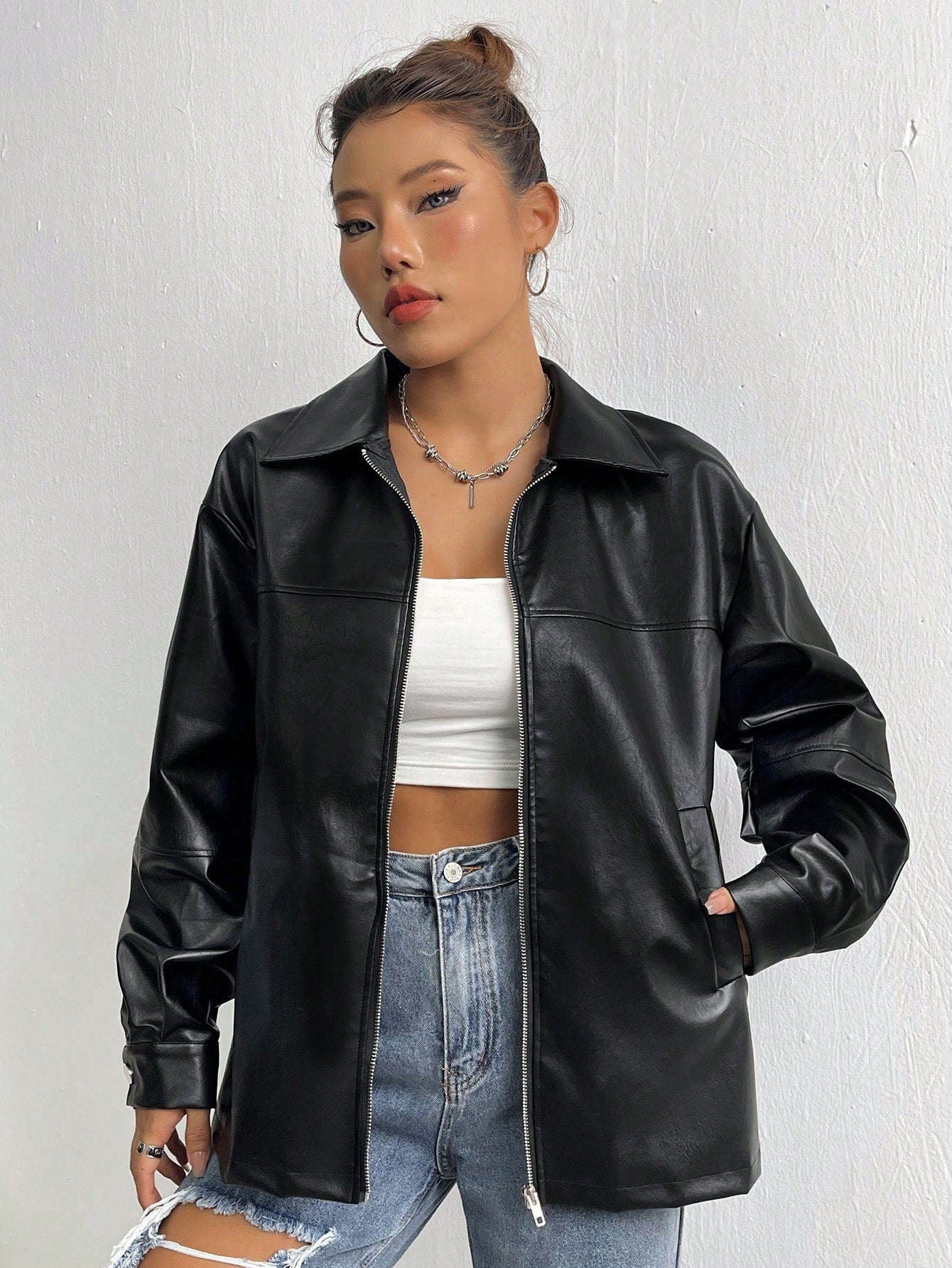 MOOSTA Drop Shoulder Zip Up PU Leather Coat