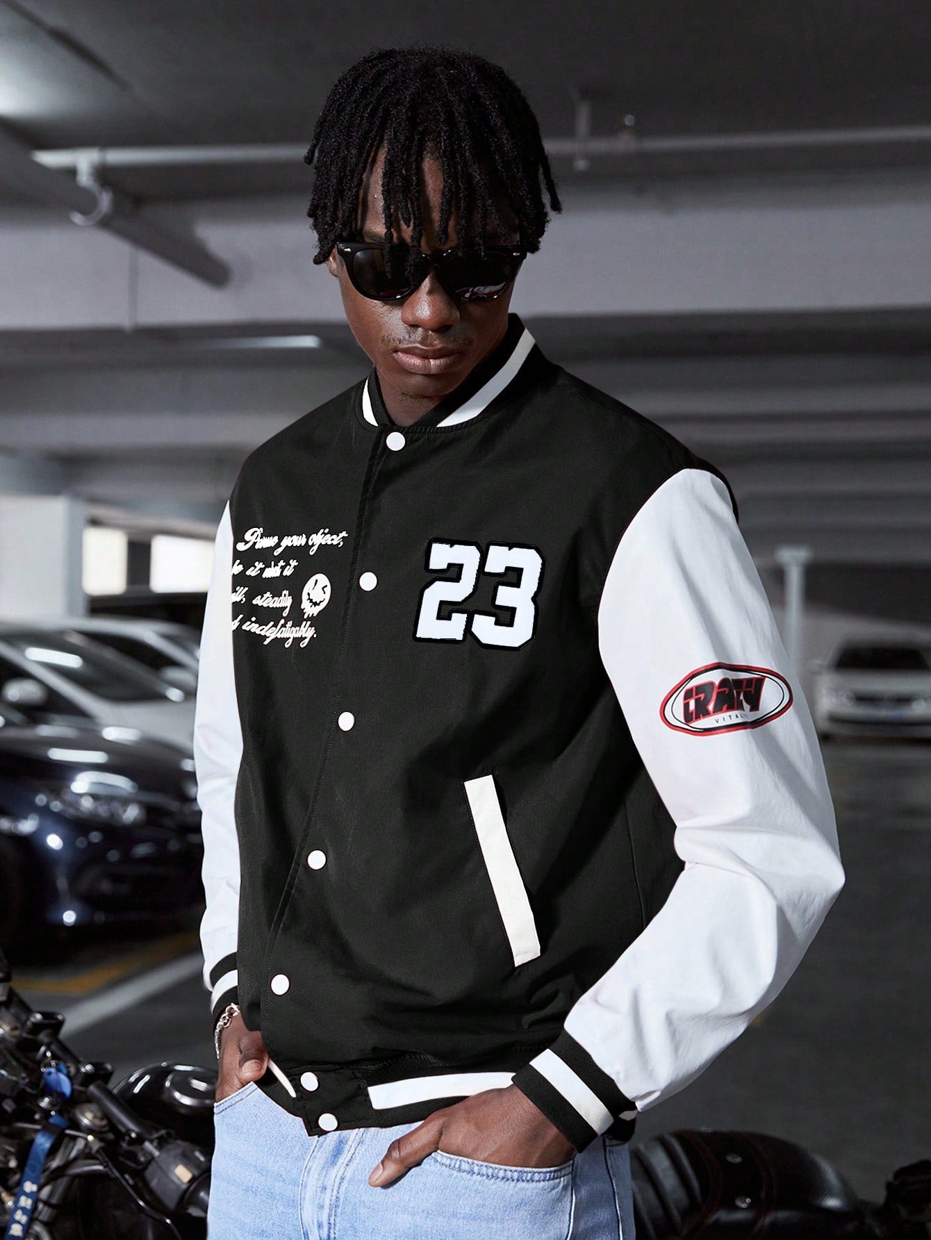 Manfinity RebelGame Oversized Men's Letter Graphic Two-Tone Varsity Jacket