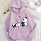 Qutie Panda Print Kangaroo Pocket Drawstring Thermal Hoodie,Long Sleeve Tops