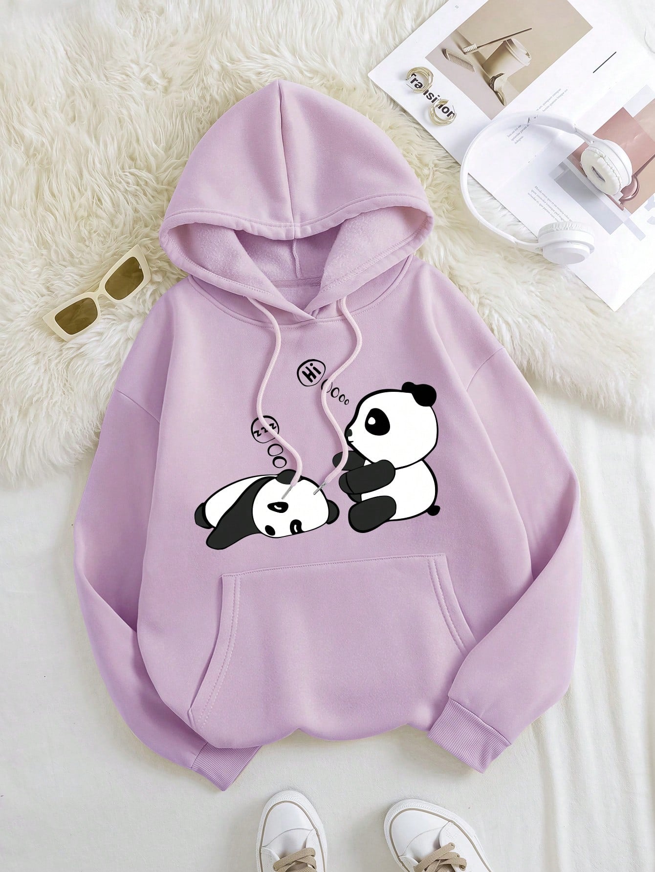 Qutie Panda Print Kangaroo Pocket Drawstring Thermal Hoodie,Long Sleeve Tops