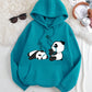 Qutie Panda Print Kangaroo Pocket Drawstring Thermal Hoodie,Long Sleeve Tops