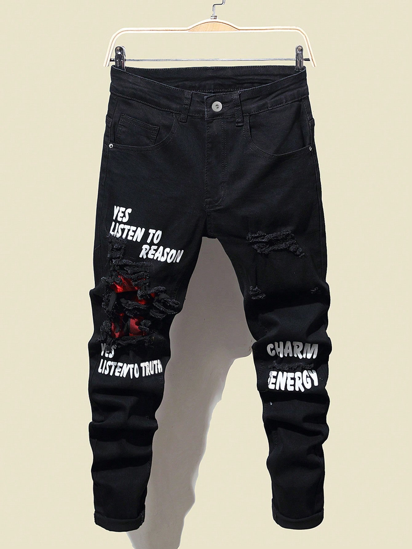 Manfinity LEGND Men Cotton Slogan Graphic Ripped Tapered Jeans Slim Fit Long Frayed Jean Cargo Letter Plain Black Going Out Street Wear Friends