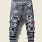 Manfinity LEGND Men Splash Ink Print Ripped Frayed Rag Stitching Jeans