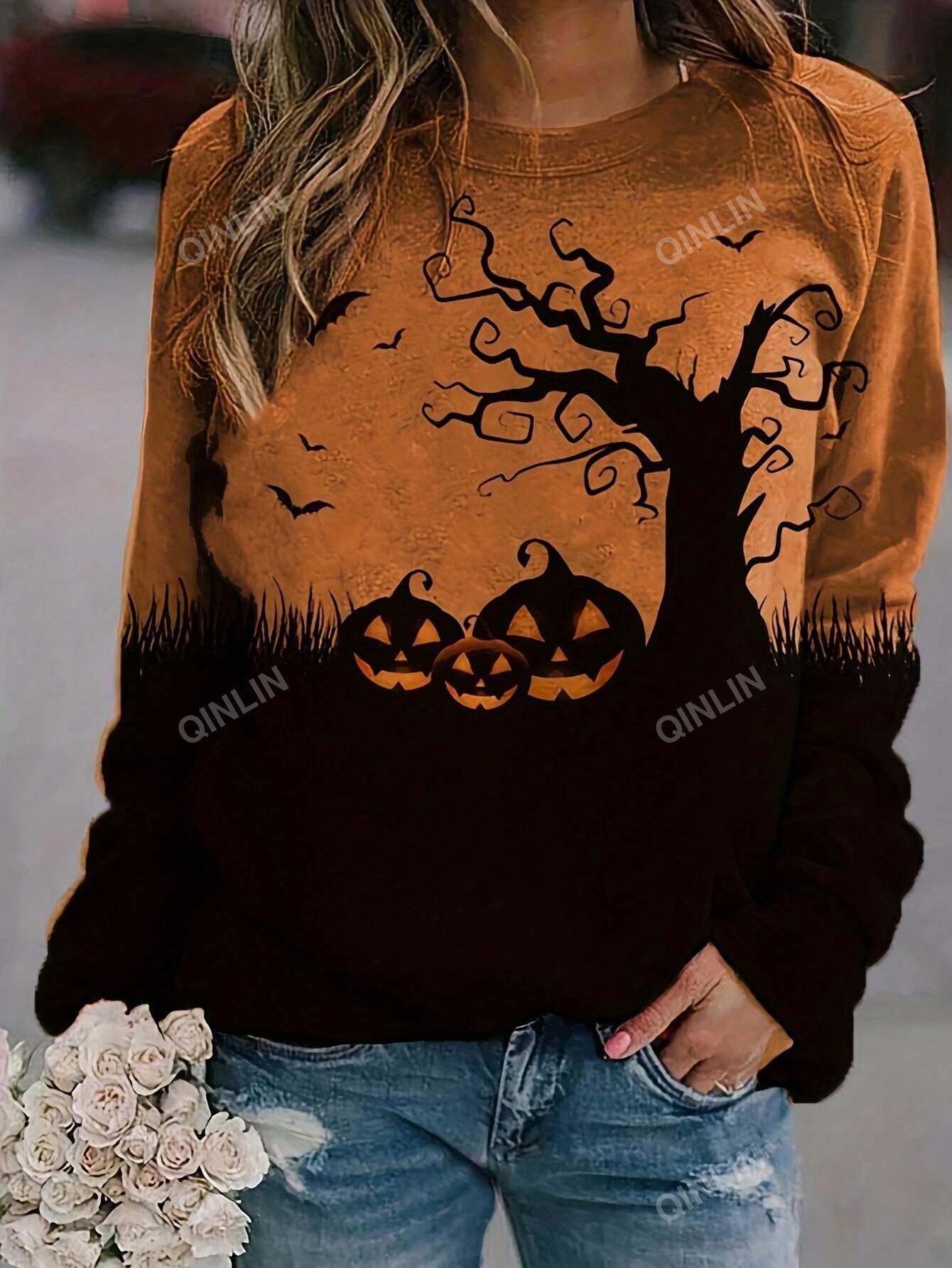 Halloween Print Raglan Sleeve Sweatshirt