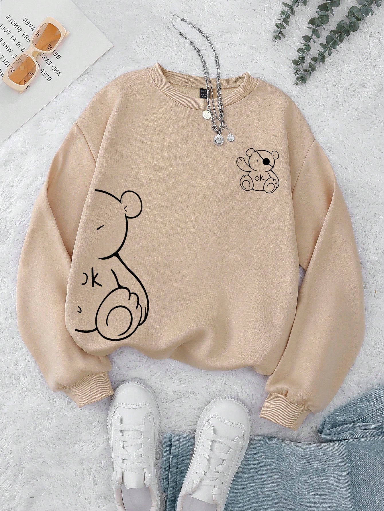 INAWLY Cartoon Graphic Thermal Lined Sweatshirt,Long Sleeve Tops