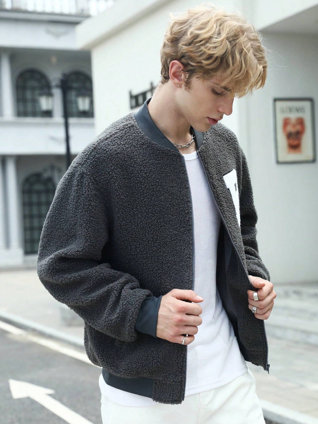 Manfinity RebelGame Oversized Men's Letter Patched Drop Shoulder Teddy Bomber Jacket