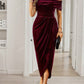 Off Shoulder Wrap Hem Velvet Cocktail Dress Elegant Prom Semi Formal Wedding Guest Dress, For Birthday, Graduation, Dinner, Homecoming