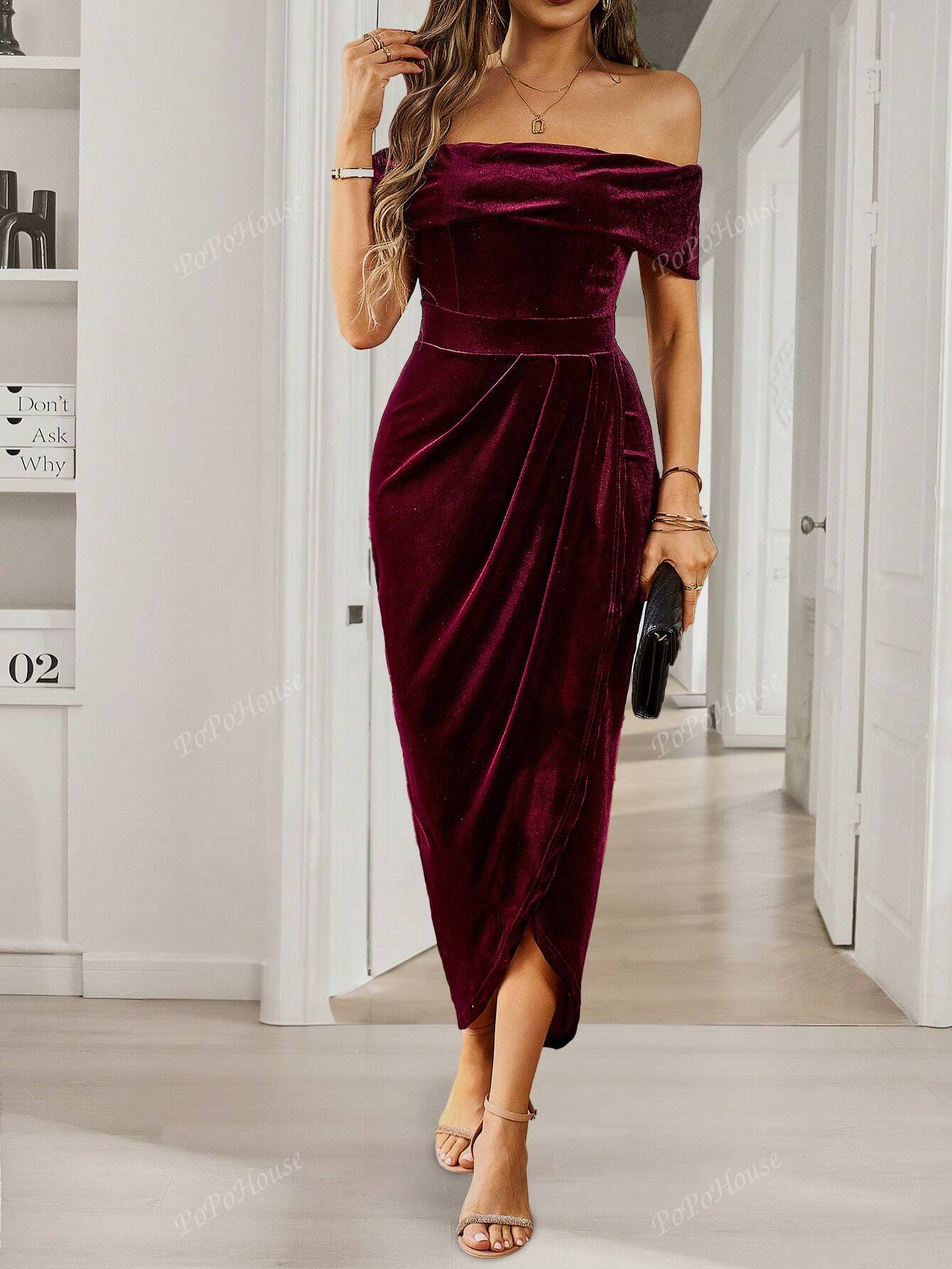 Off Shoulder Wrap Hem Velvet Cocktail Dress Elegant Prom Semi Formal Wedding Guest Dress, For Birthday, Graduation, Dinner, Homecoming