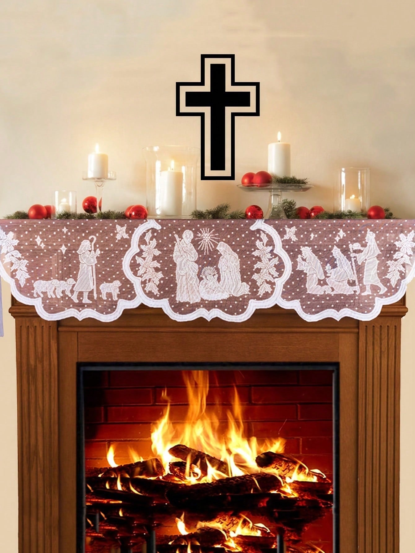 1pc White Lace Christmas Fireplace Cover With Christ Jesus Decor