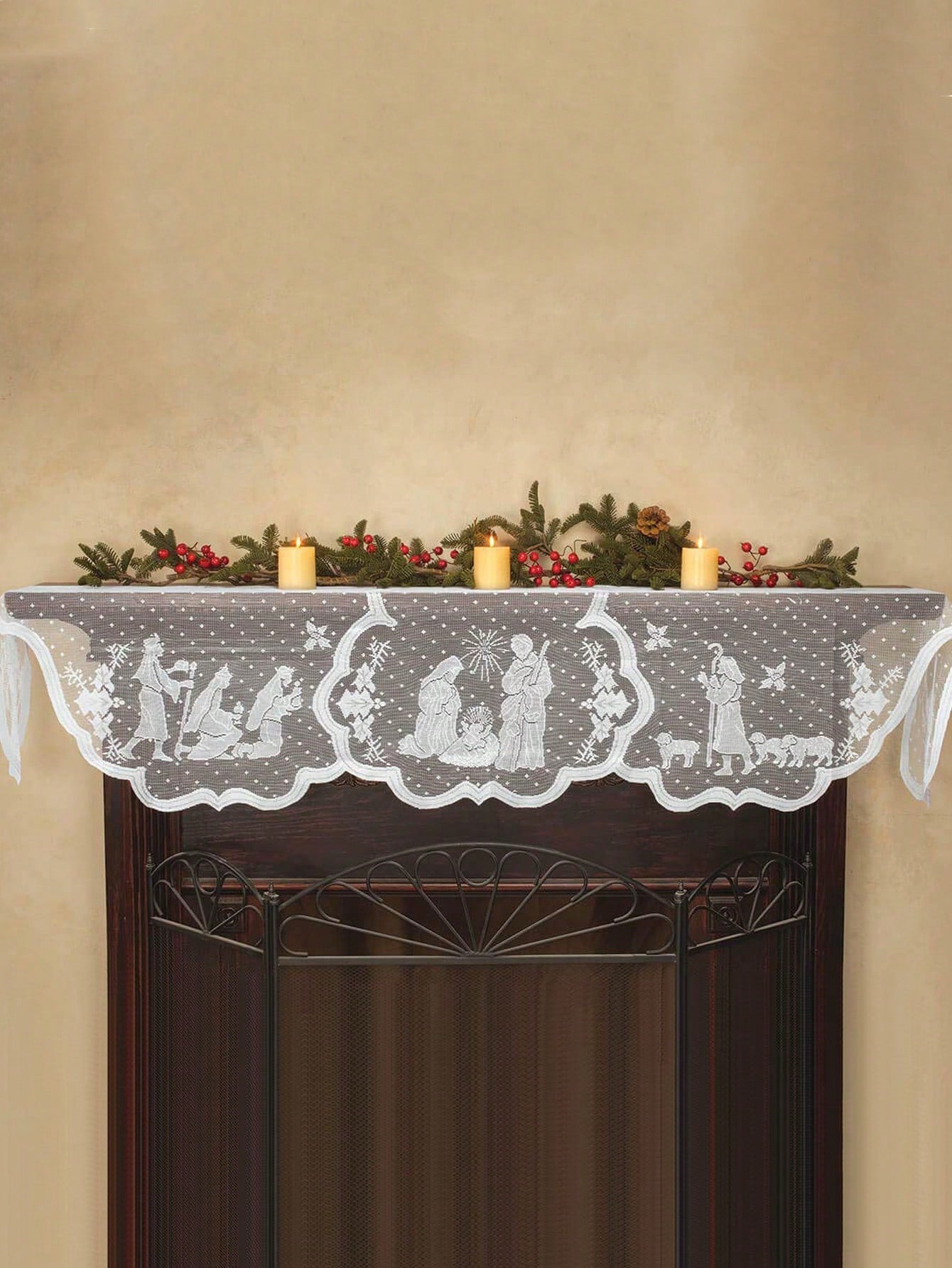 1pc White Lace Christmas Fireplace Cover With Christ Jesus Decor